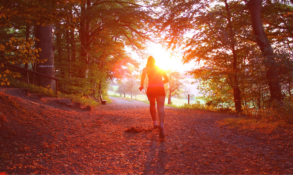 Kvinne på joggetur som løper innover i skogen i en solnedgang.