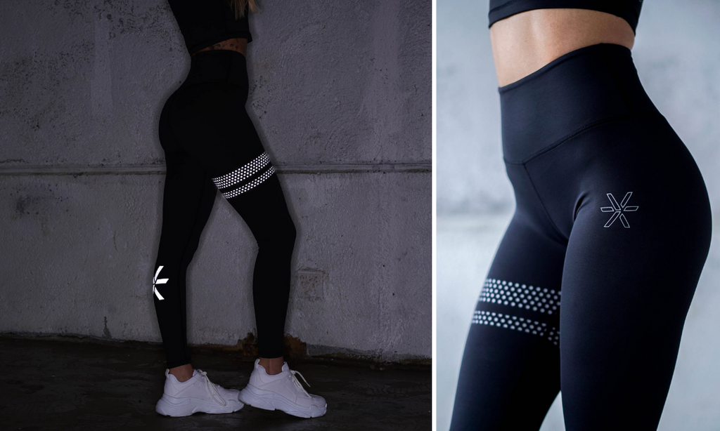 Nærbilde av en dame i svart tights med refleksmønster fra BARA Sportswear.