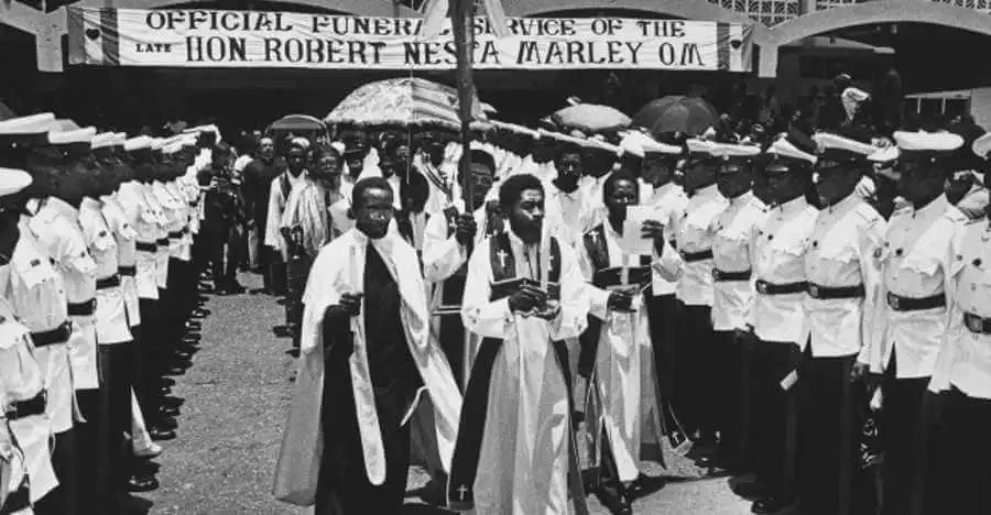 Bob Marley's Orthodox Church procession out of the National Arena in Kingston, Jamaica during the state funeral in May 22, 1981.