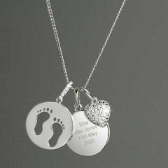 Personalised Sterling Silver Footprints and Cubic Zirconeart Necklace