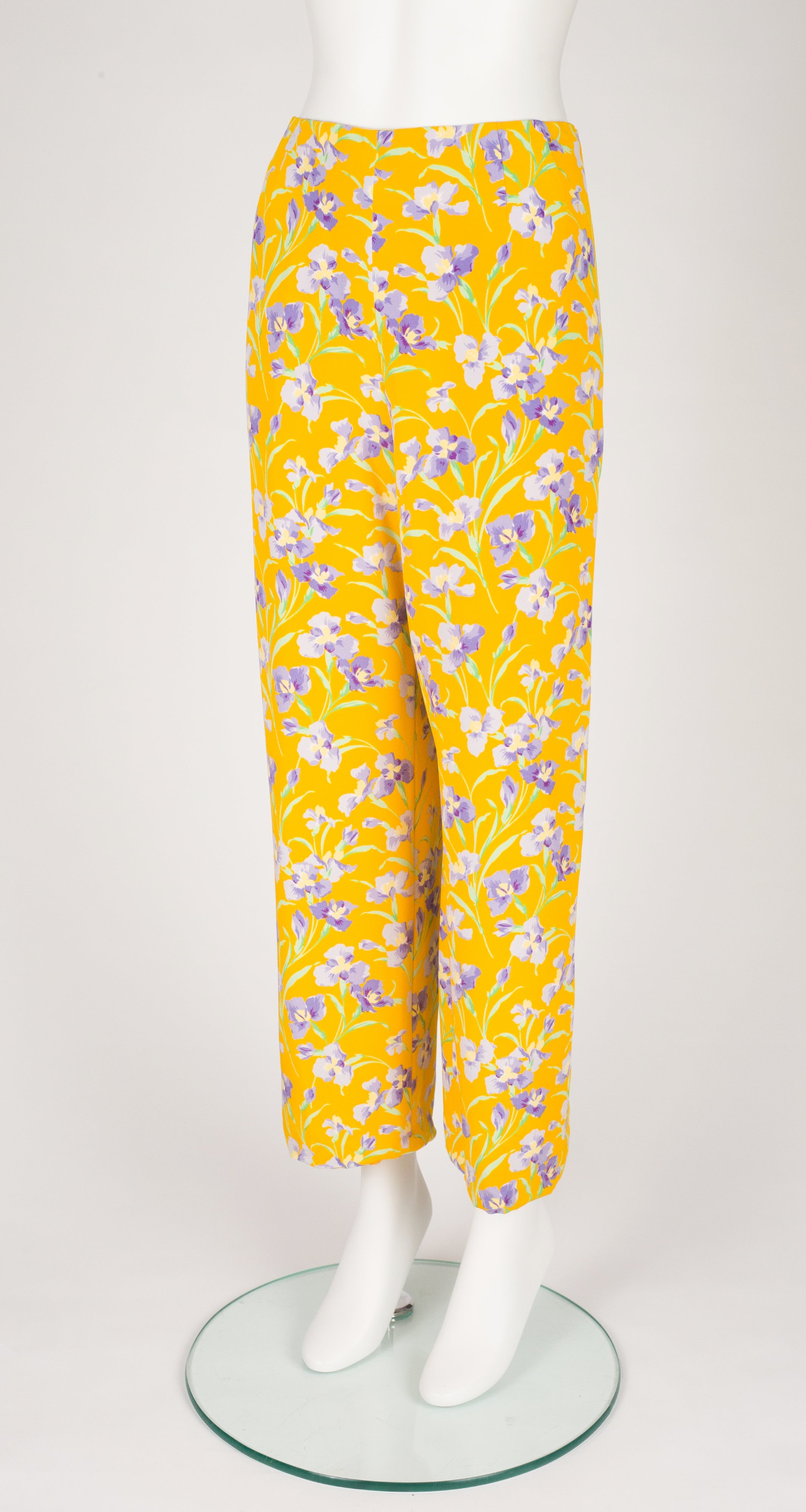 Bill Blass 1990s Iris Print Yellow Silk Crepe Straight Leg Trousers ...