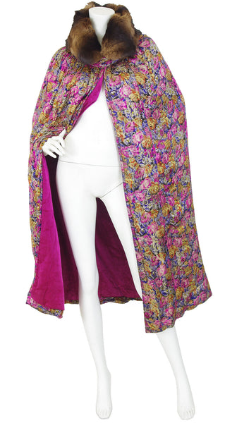 1920's Vintage Floral Silk Lamé & Pink Velvet Fur Collar Opera Cape ...