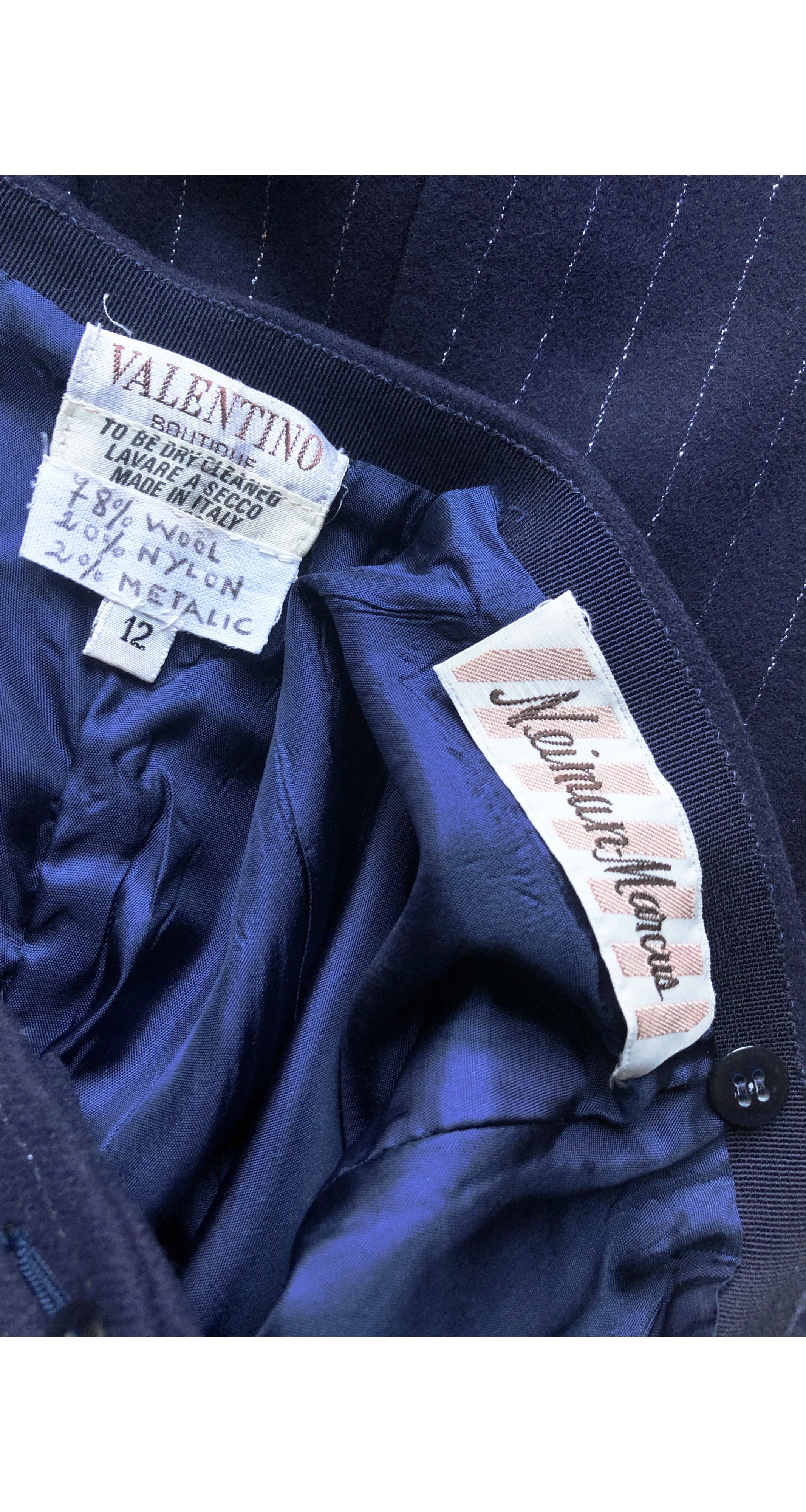 Valentino Boutique 70s Metallic Pinstripe Navy Wool Wide-Leg Trousers ...