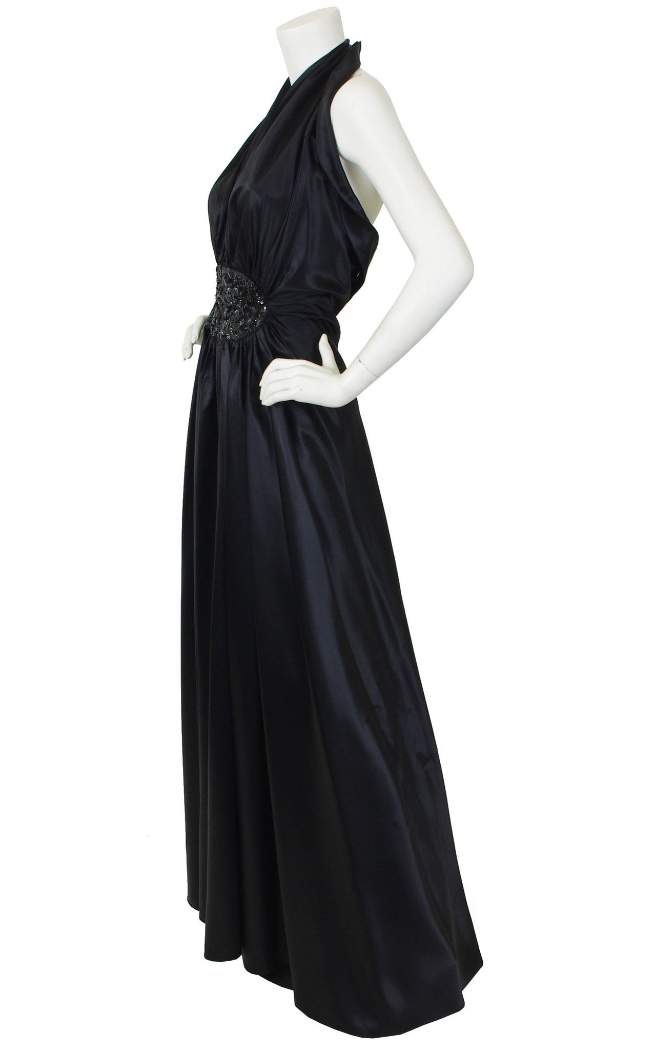 Vintage 1940's Sequin Plunge Neck Black Liquid Satin Halter Gown ...