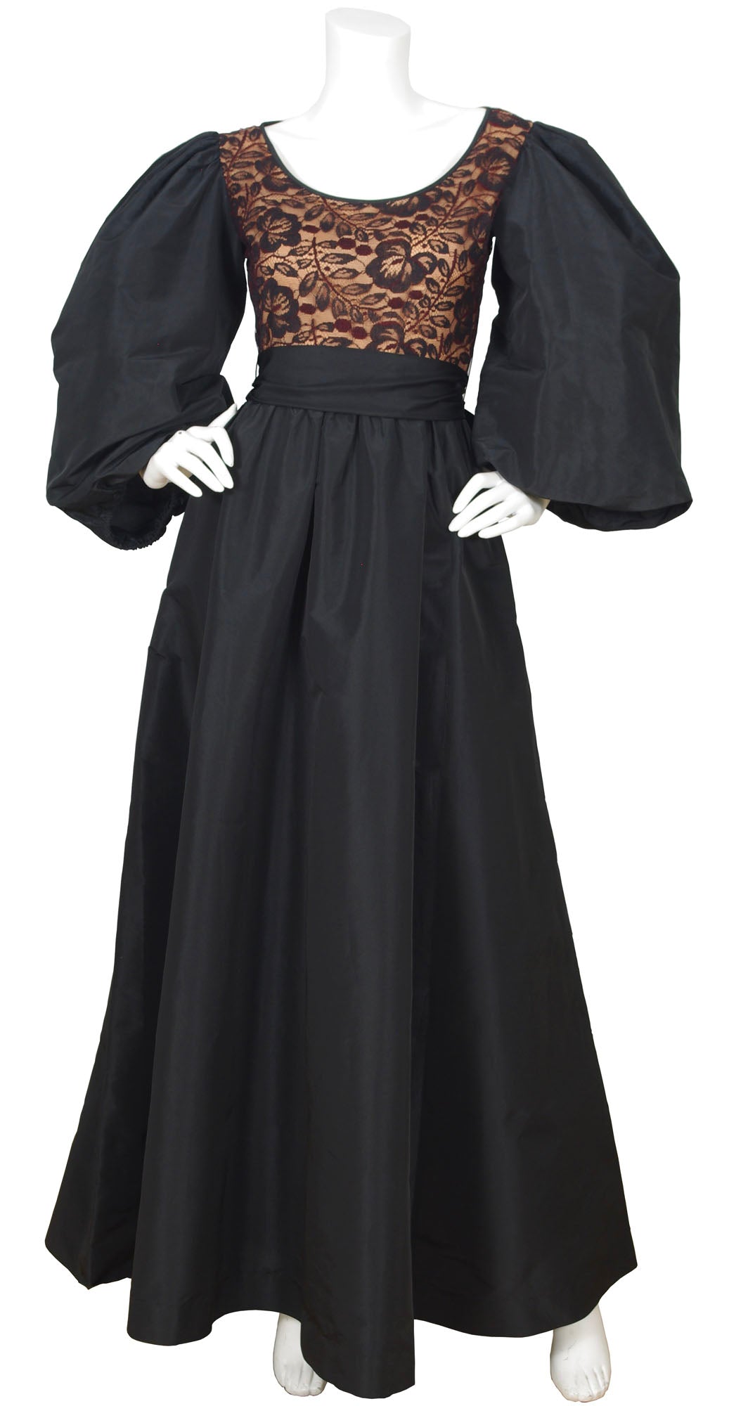 Victor Costa 1970s Dramatic Balloon Sleeve Black Taffeta & Lace Gown ...