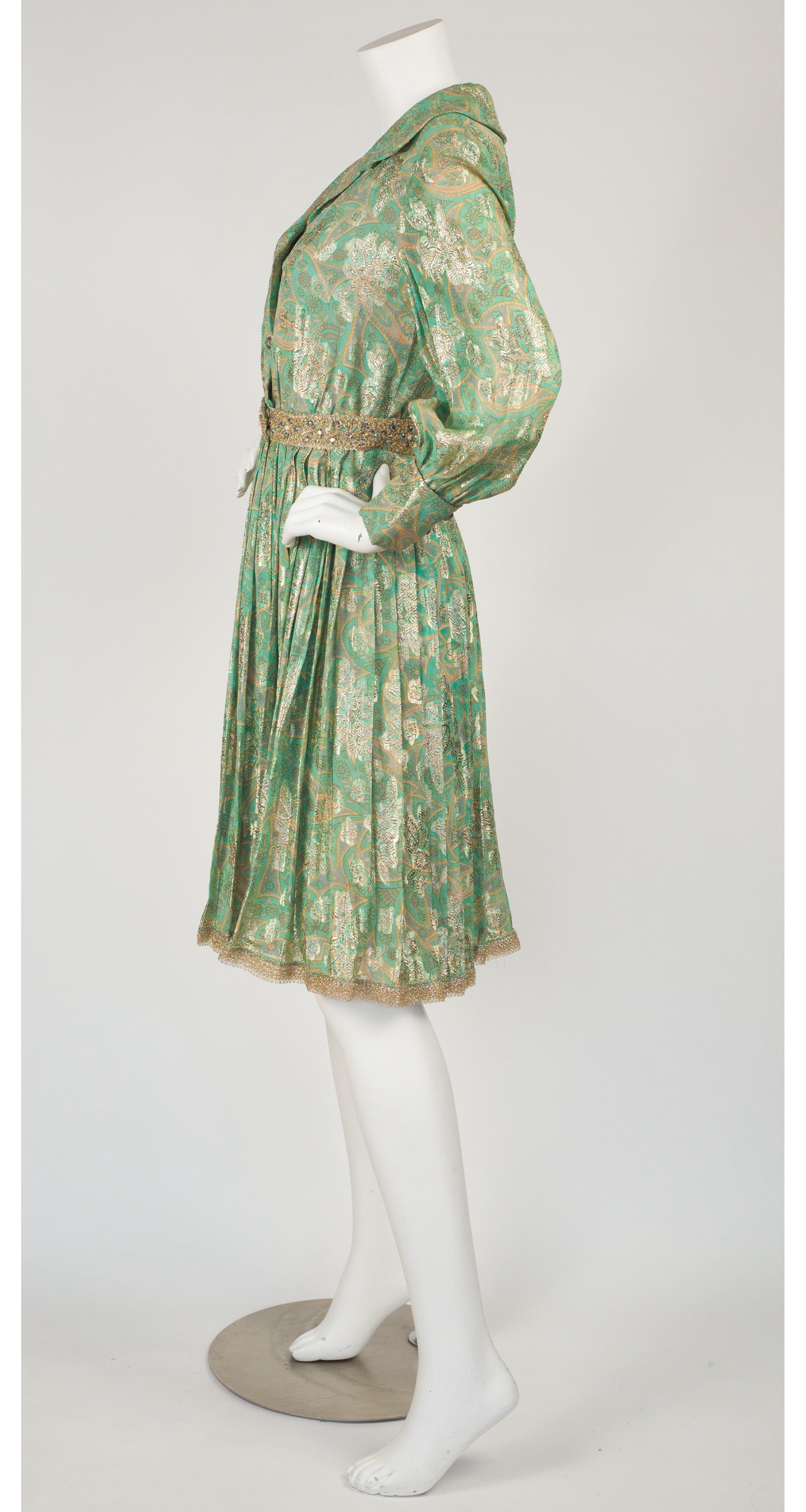 Cézanne 1960s Vintage Floral Green Lurex Pleated Cocktail Dress ...