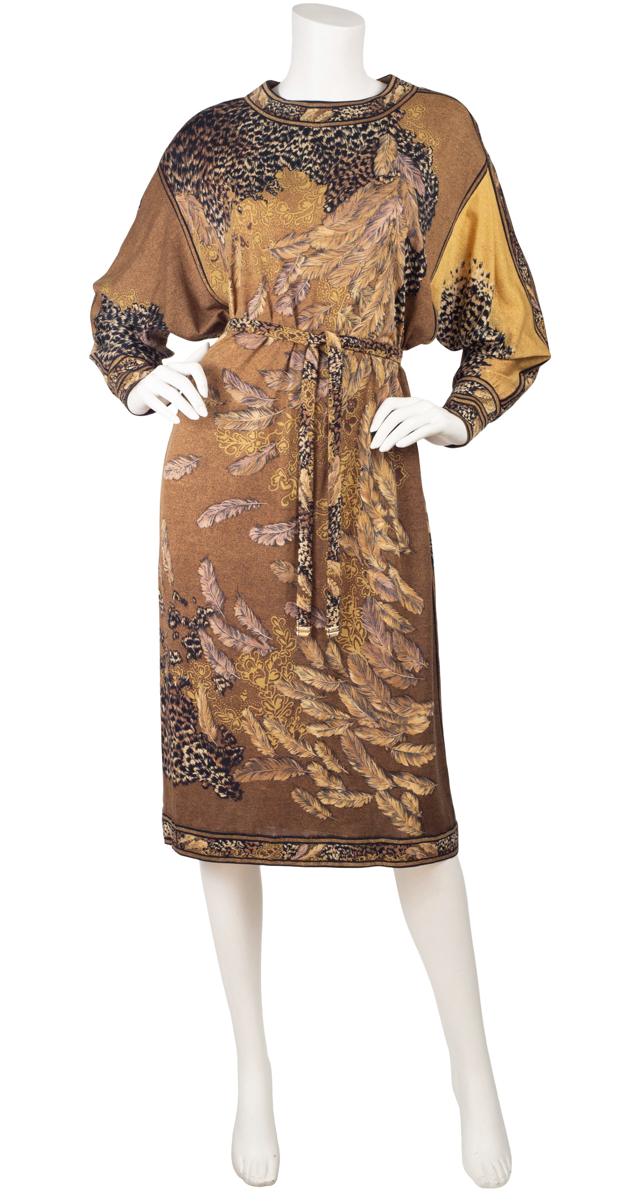 Leonard Paris 1980s Pheasant Print Wool & Silk Dolman Sleeve Dress