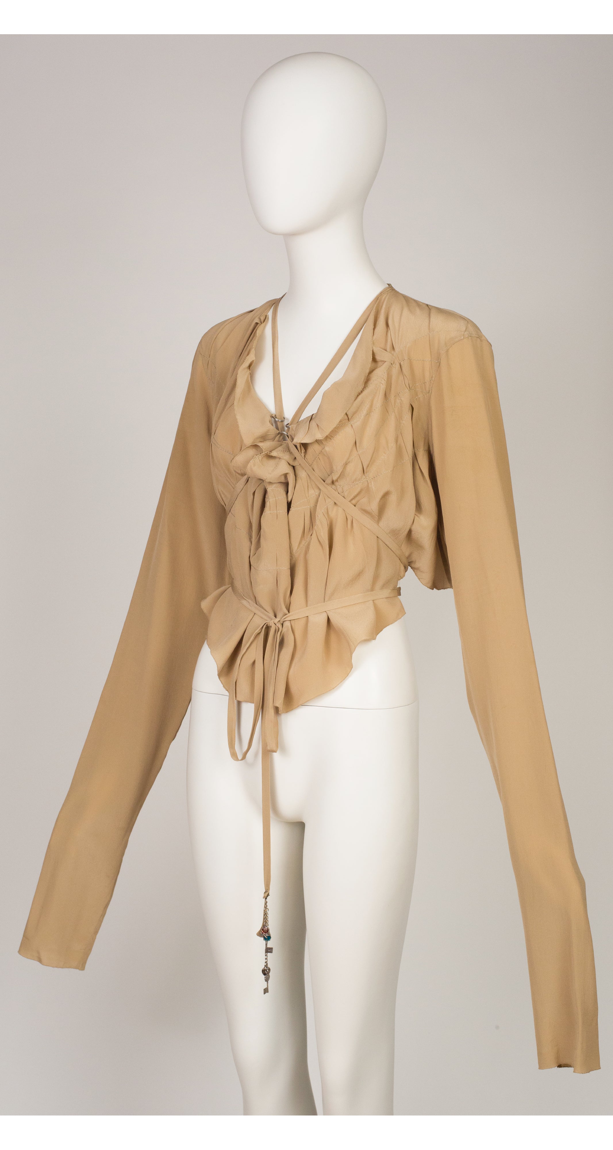 Jean-Paul Gaultier 2000s Beige Silk Tie Wrap Long Sleeve Crop Top