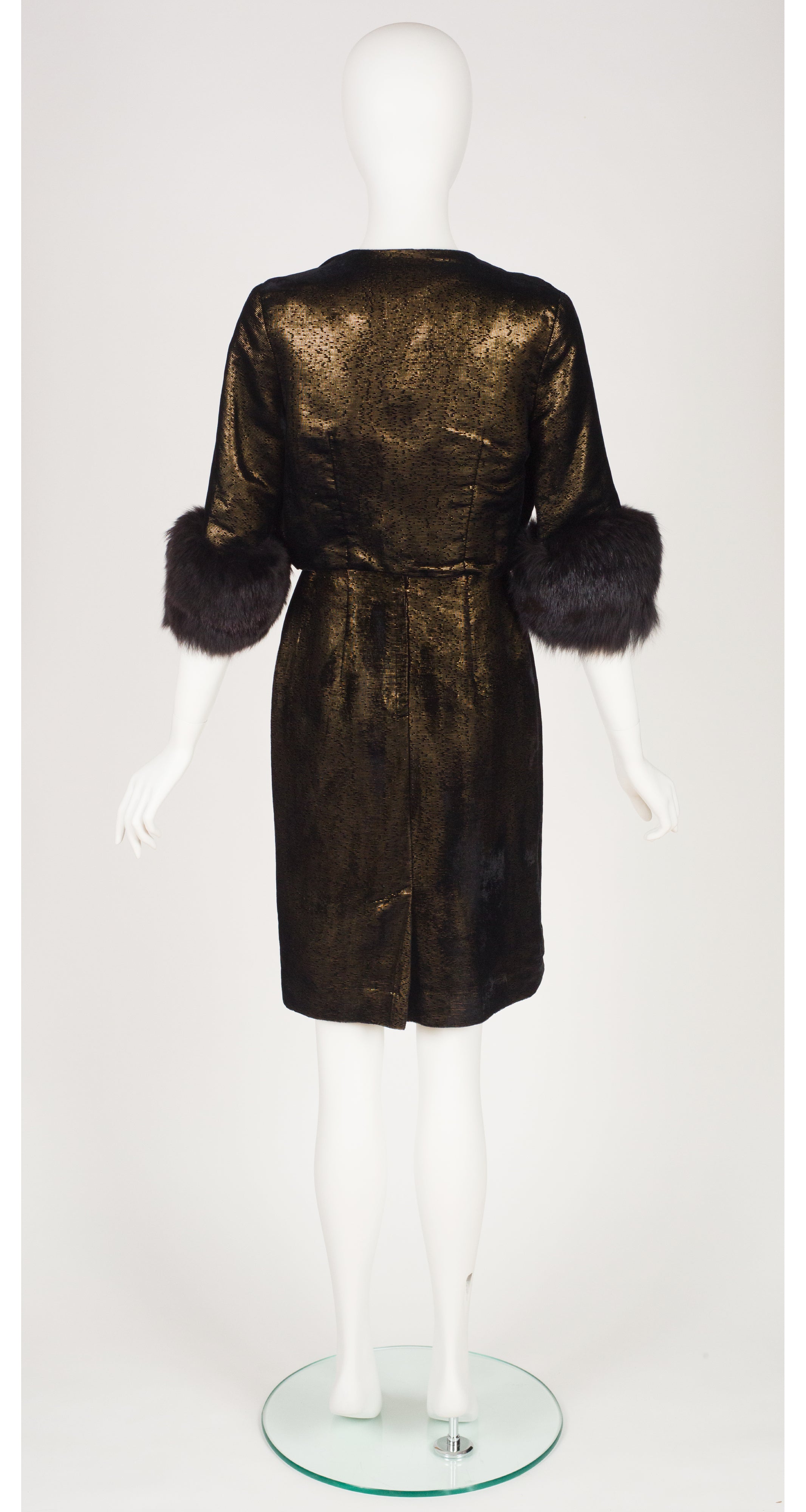 Cherida by Irving Nadler 1960s Fox Fur Trim Gold Lurex Cocktail Dress ...