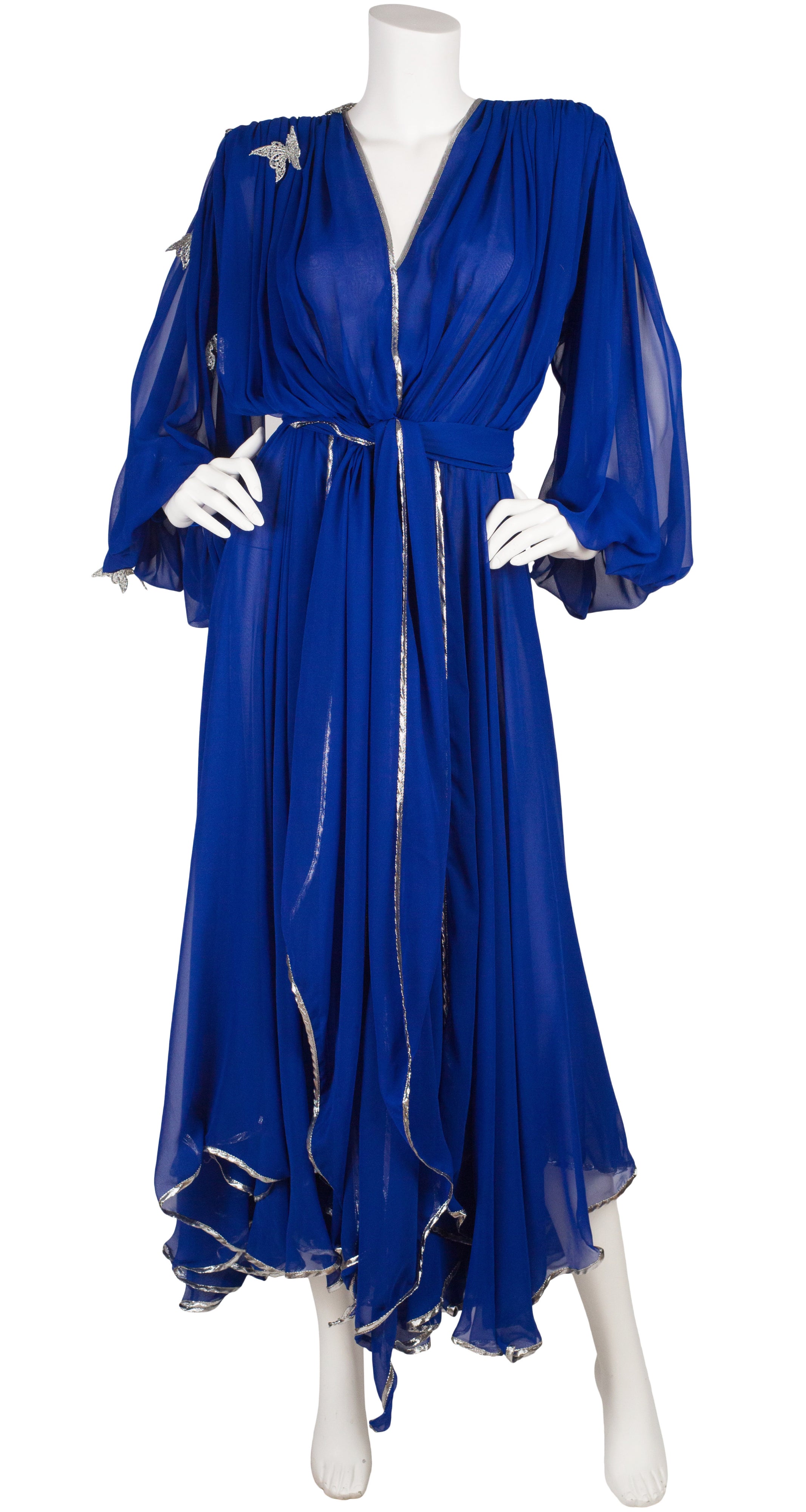 Wayne Clark 1980s Butterfly Appliqué Blue Chiffon Evening Dress ...