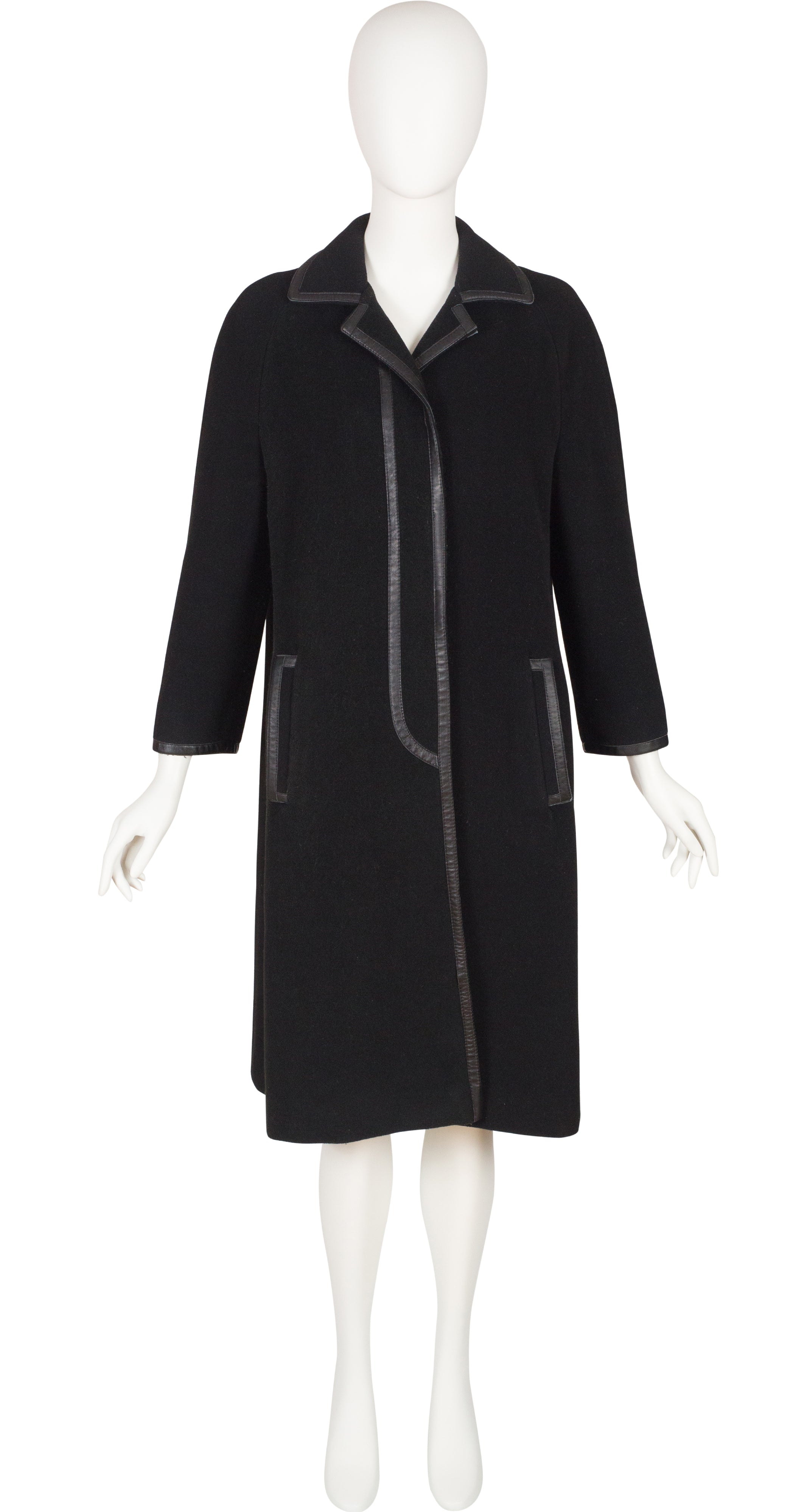 Louis Féraud 1970s Black Wool Leather Trimmed Collared Coat ...