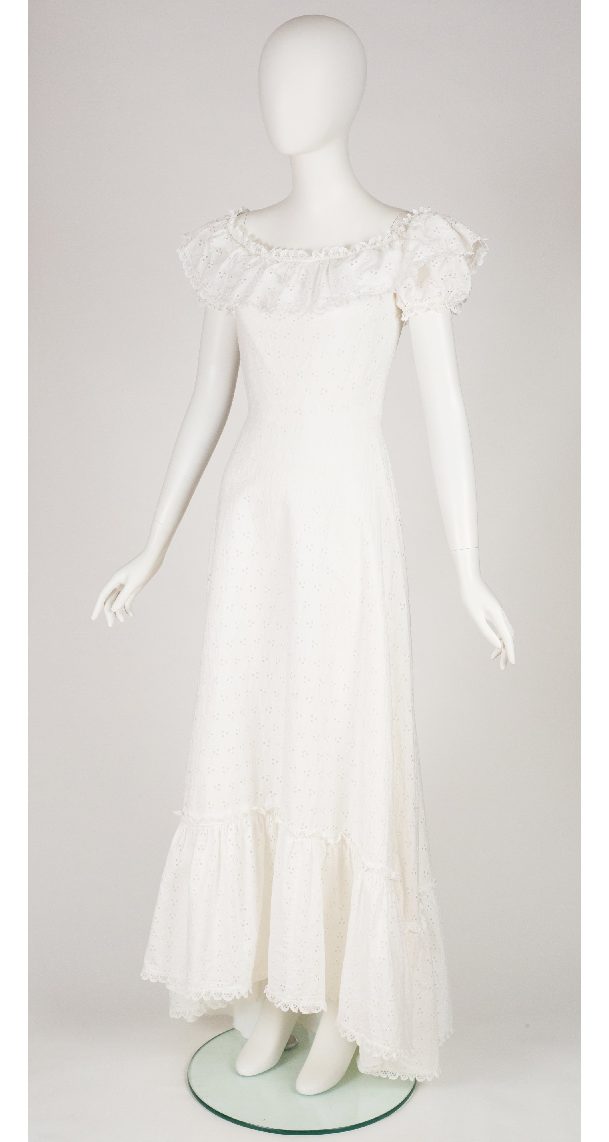 Pronuptia 1970s White Eyelet Cotton Ruffle Off-Shoulder Bridal Gown ...
