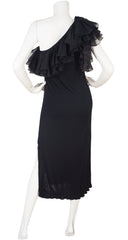 1970s Black Jersey Ruffle Silk Organza One-Shoulder Dress