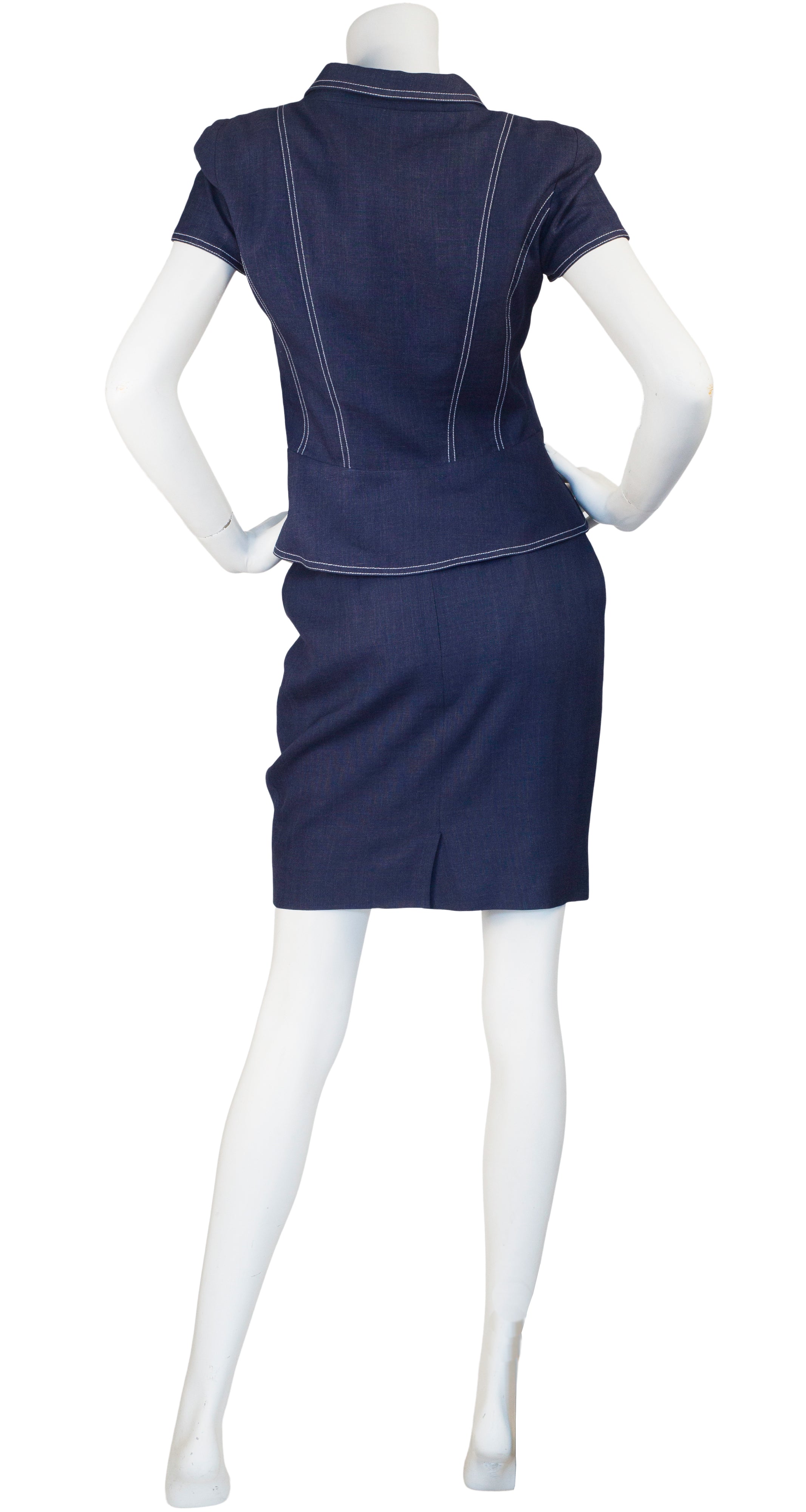 Nina Ricci 1990s Vintage Monogram Button Navy Linen Peplum Skirt Suit ...