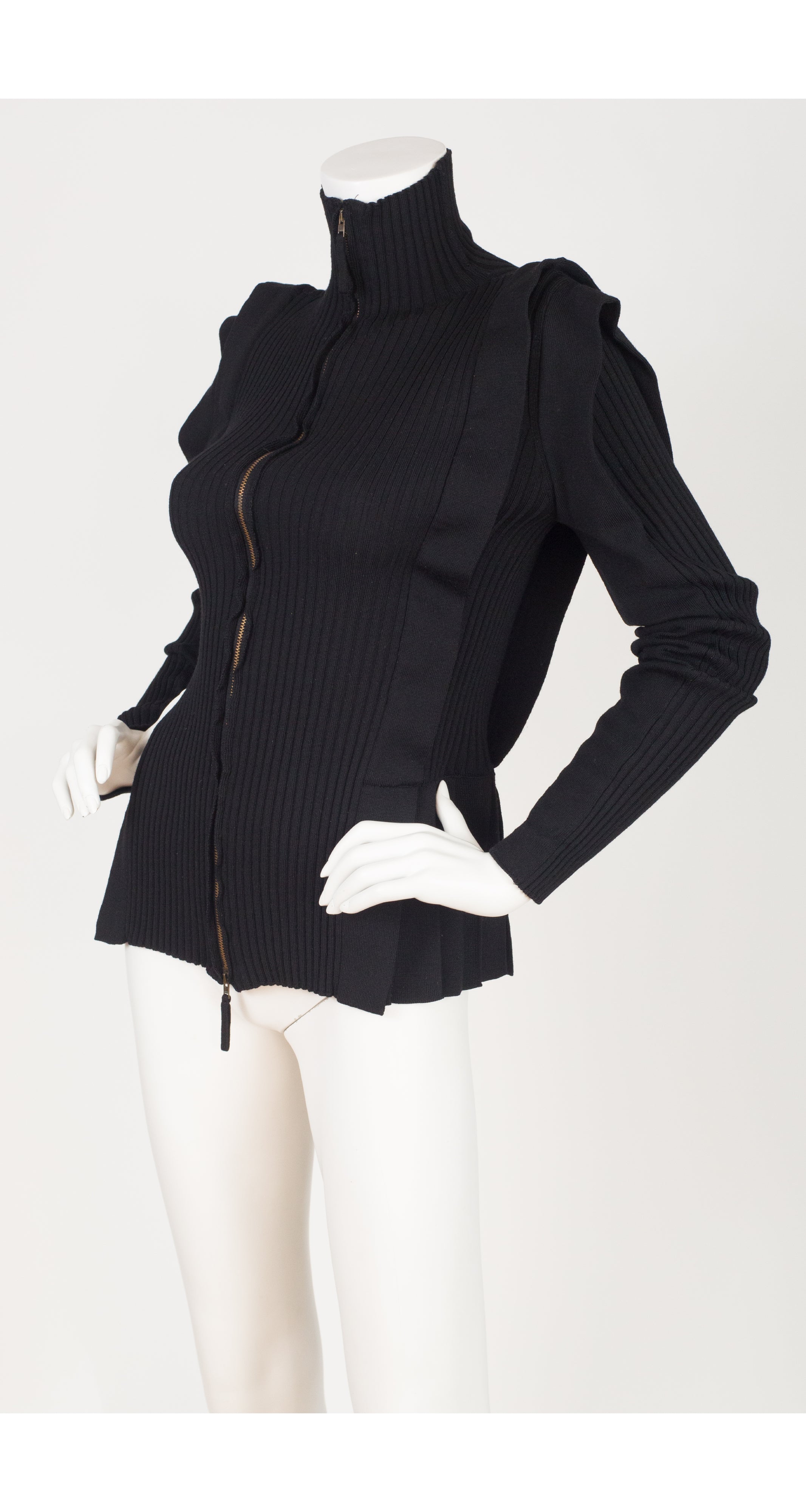 Jean-Paul Gaultier 1990s Black Ribbed Wool Knit Zip-Up Sweater