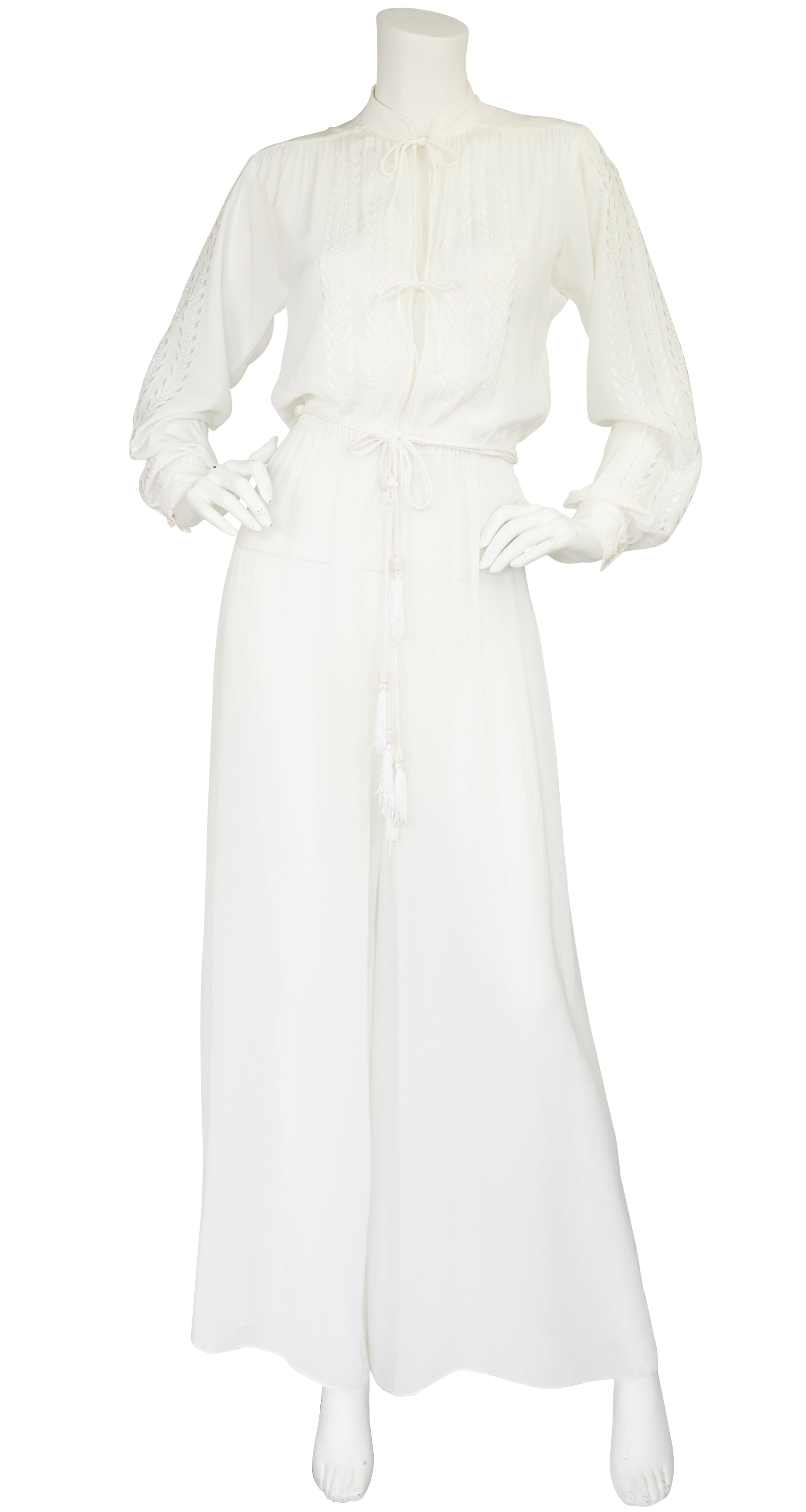 Richard Assatly 1970s Embroidered White Rayon Crepe Tassel Jumpsuit ...