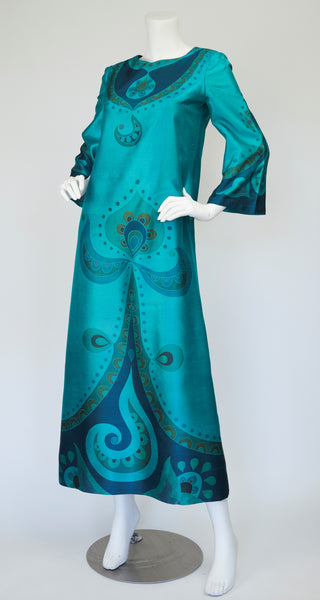 1960s Vintage Teal Printed Thai Silk Caftan Maxi Dress – Featherstone ...