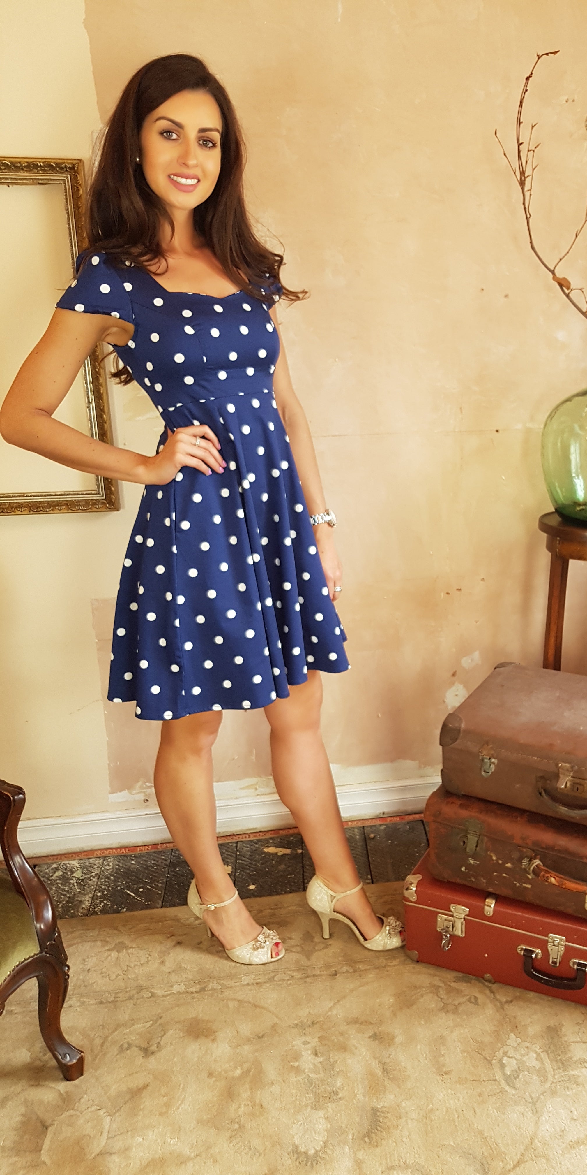 navy white polka dot dress