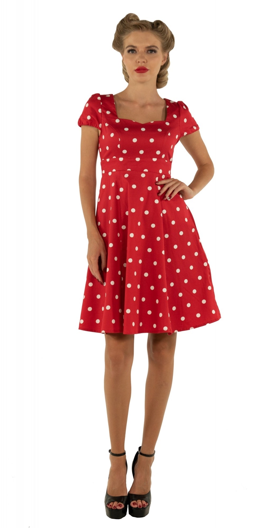 red and white polka dot swing dress