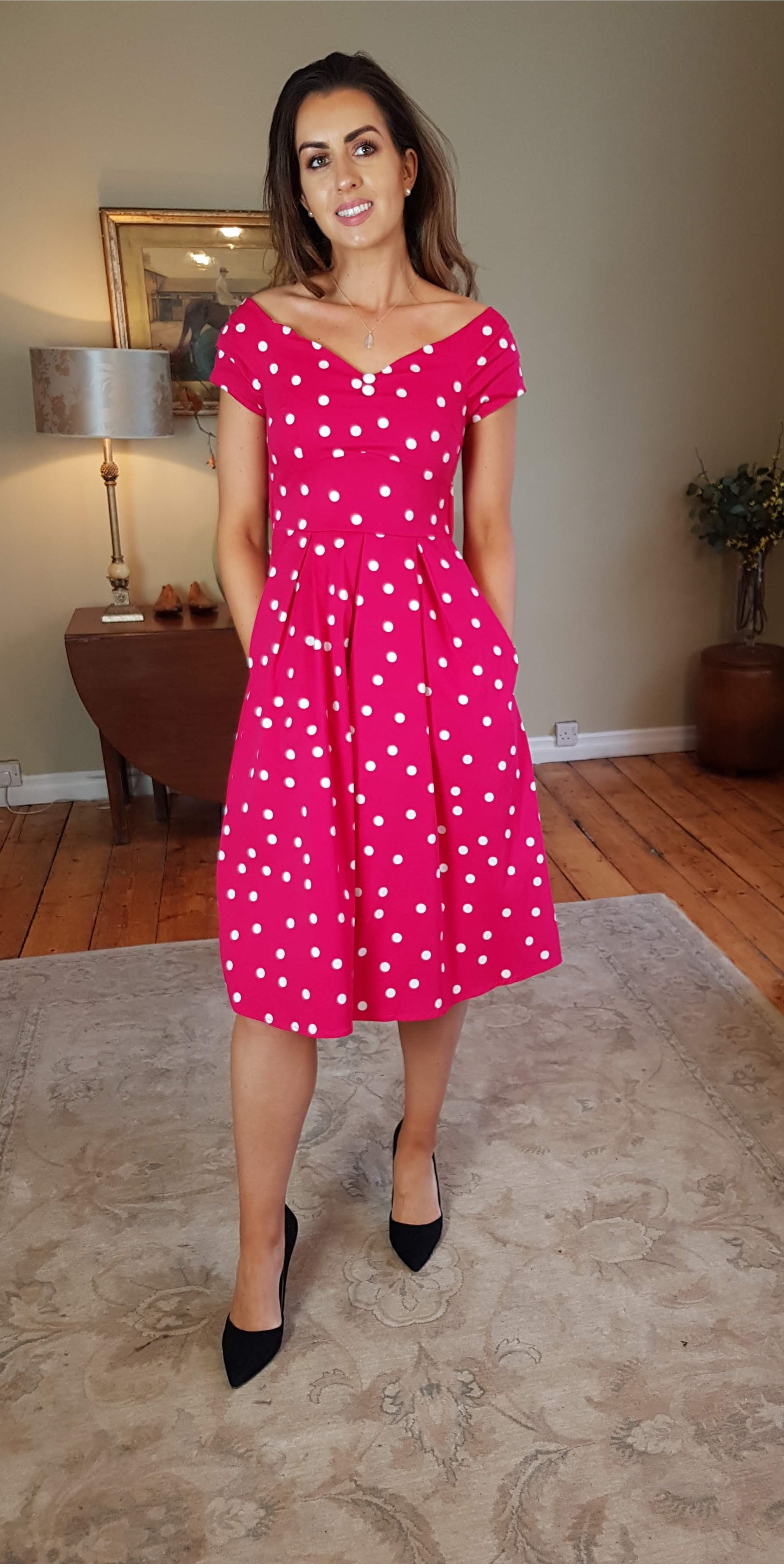 pink polka dot off the shoulder dress