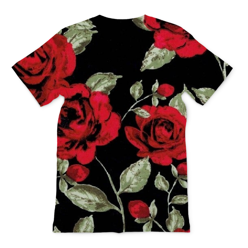 black t shirt with red roses
