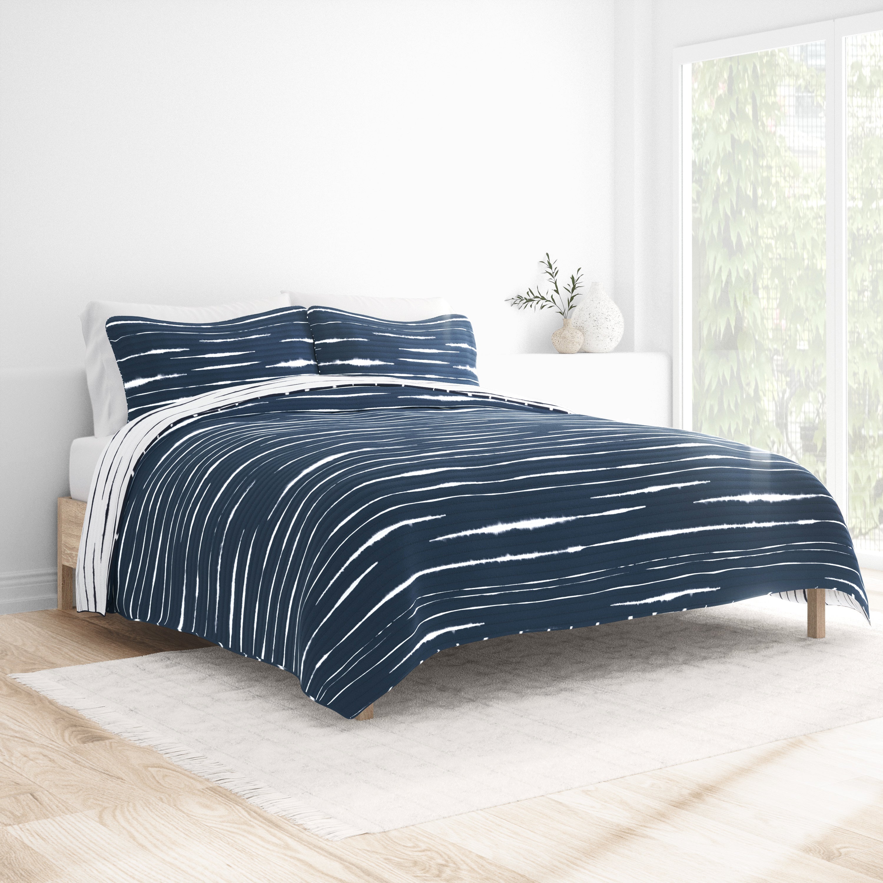Buy Horizon Lines Reversible Quilted Coverlet Set (King/Cal King), (Navy) |  LINENS & HUTCH