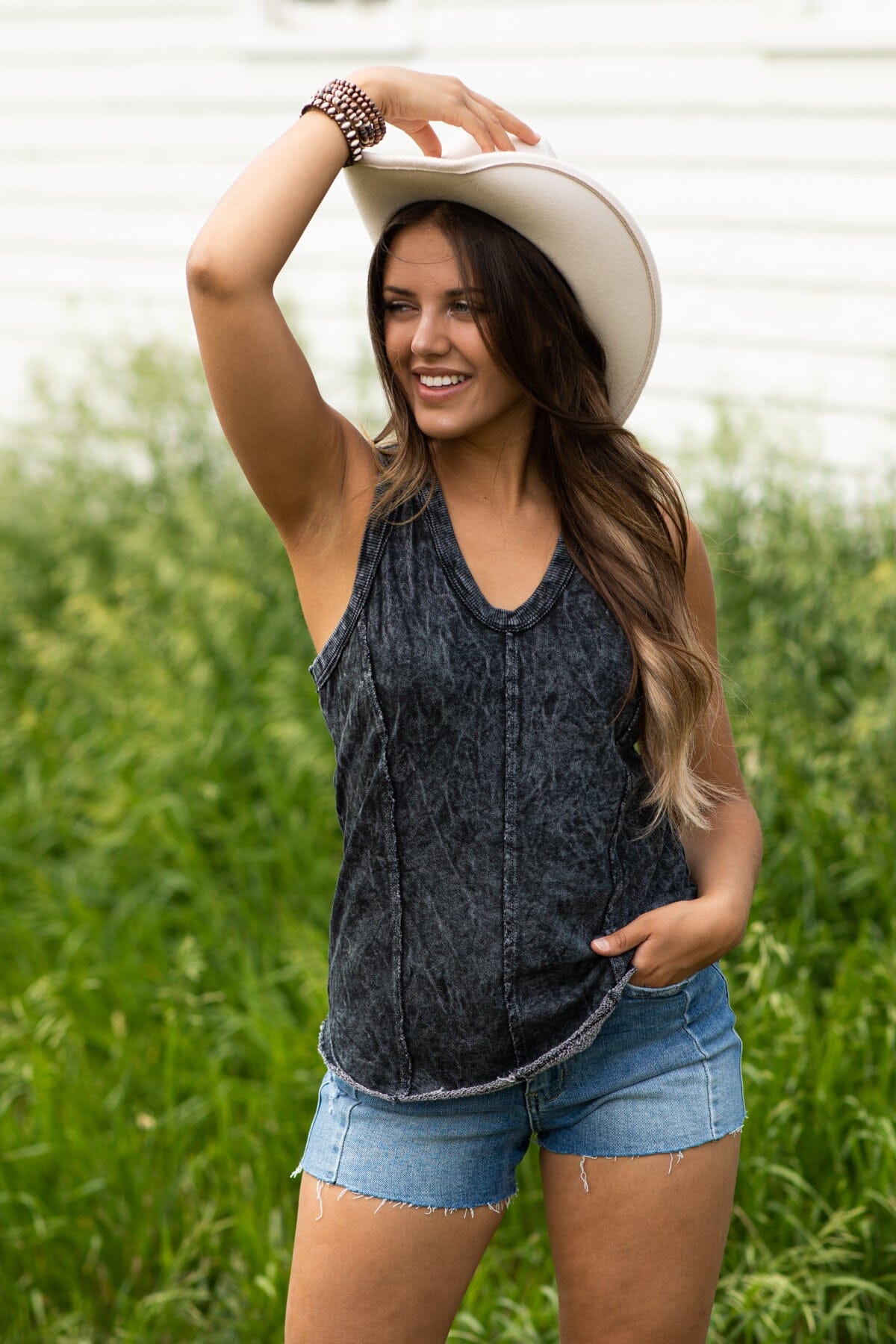 Charcoal Washed Lace Trim V-Neck Tank · Filly Flair