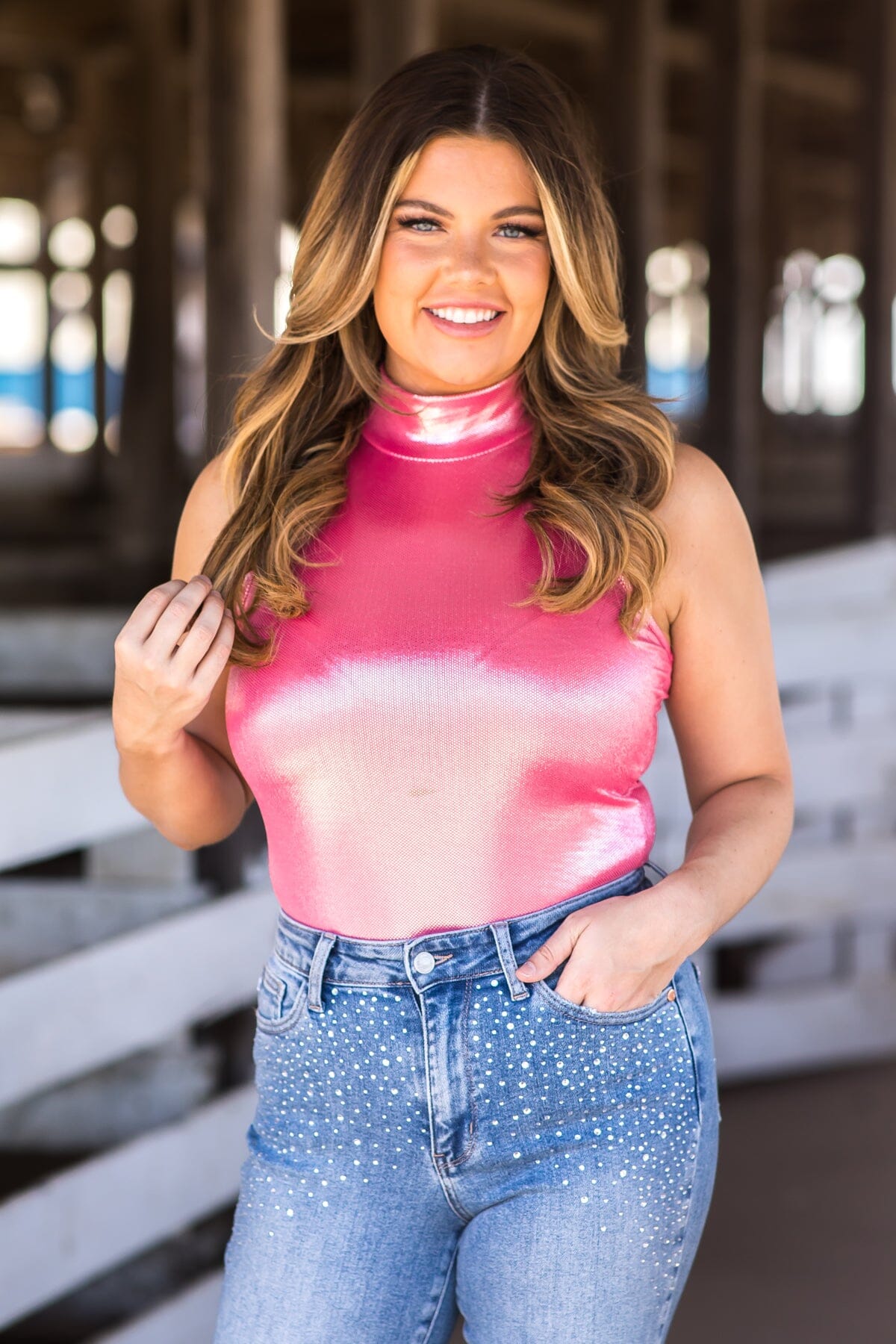 Hot Pink Metallic Mock Neck Bodysuit