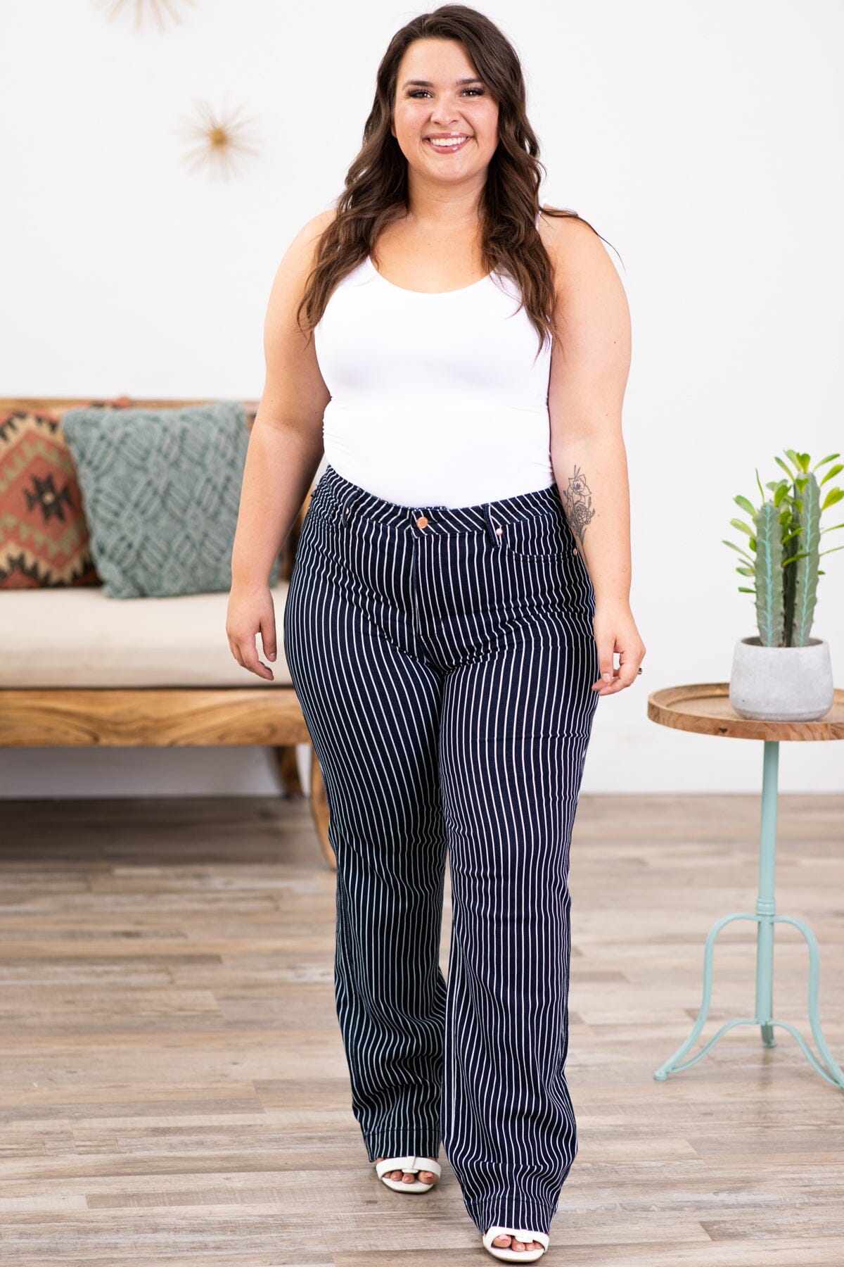 High Waisted Tummy Control Striped Straight Jeans