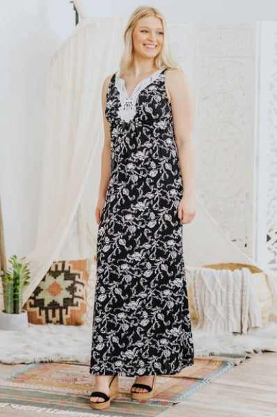 BE THE TESTAMENT FLORAL EMBROIDERED NECKLINE SLEEVELESS MAXI DRESS IN BLACK