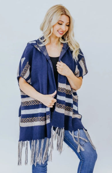 BLOW ME ONE LAST KISS TRIBAL DETAIL CARDIGAN WITH HOODIE IN NAVY