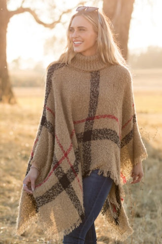 GRAVEL ROAD HOME STRETCH PLAID COWL NECK PONCHO IN TAUPE