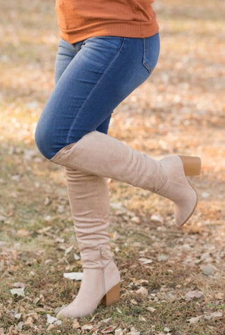 MAKE ME BRAVE POINTED TOE AT THE KNEE BOOT IN TAUPE