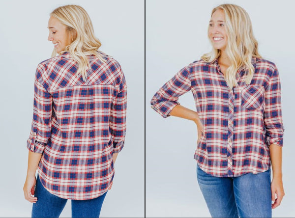 CASUAL AUTUMN PLAID TOP IN RED AND DENIM BLUE