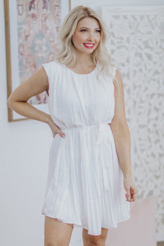 PLEASE STAY FOREVER PLEATED SLEEVELESS TIE WAIST MIDI DRESS IN WHITE