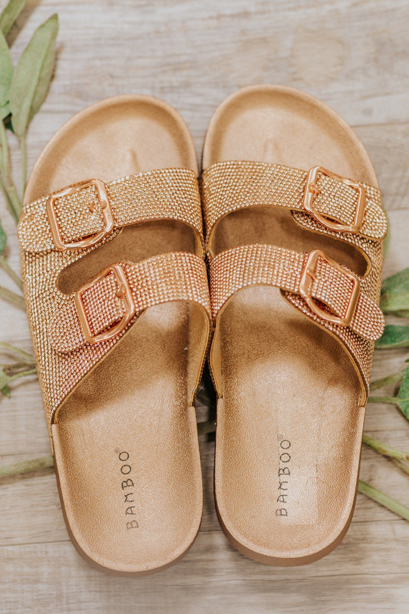 rose gold double buckle sandals