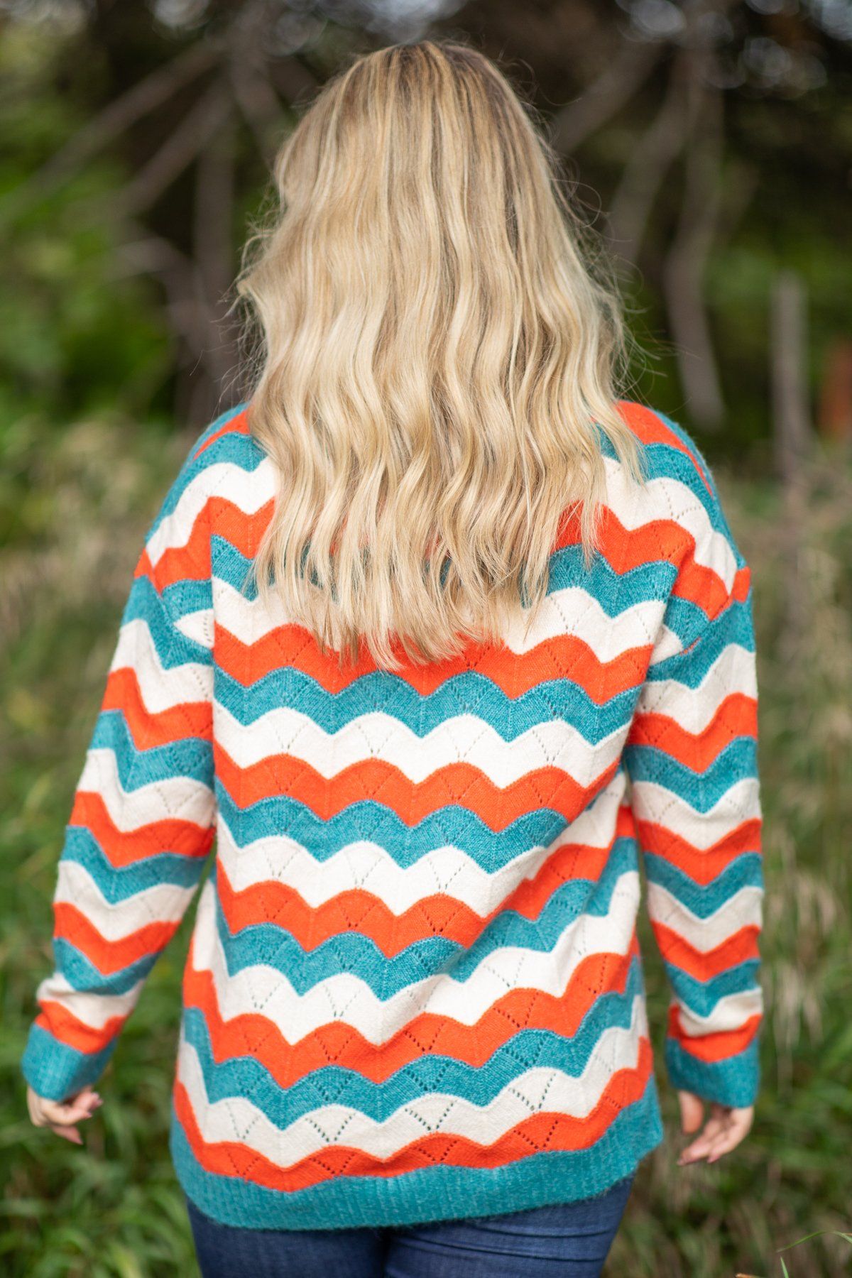 Teal and Burnt Orange Scallop Pattern Sweater
