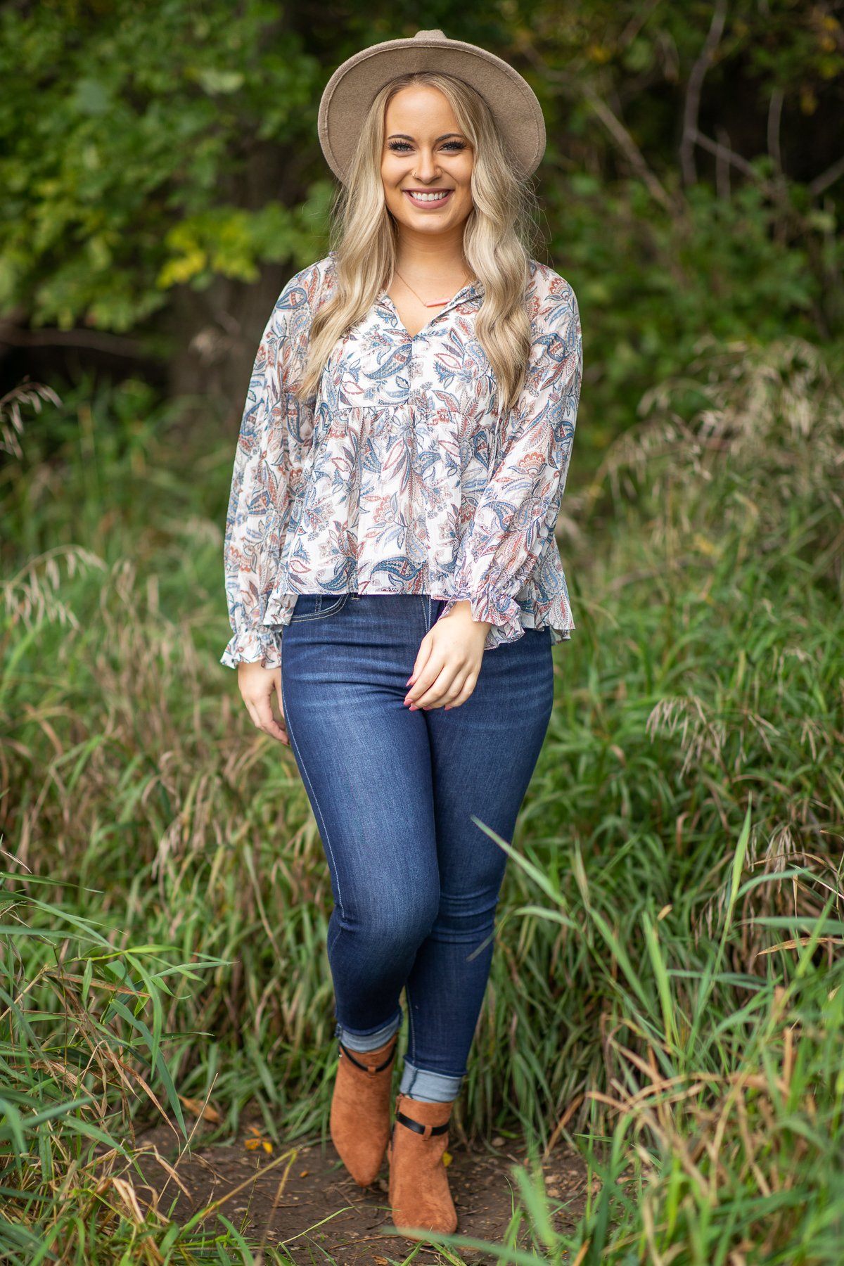 Ivory Paisley Floral Drop Waist Ruffled Blouse