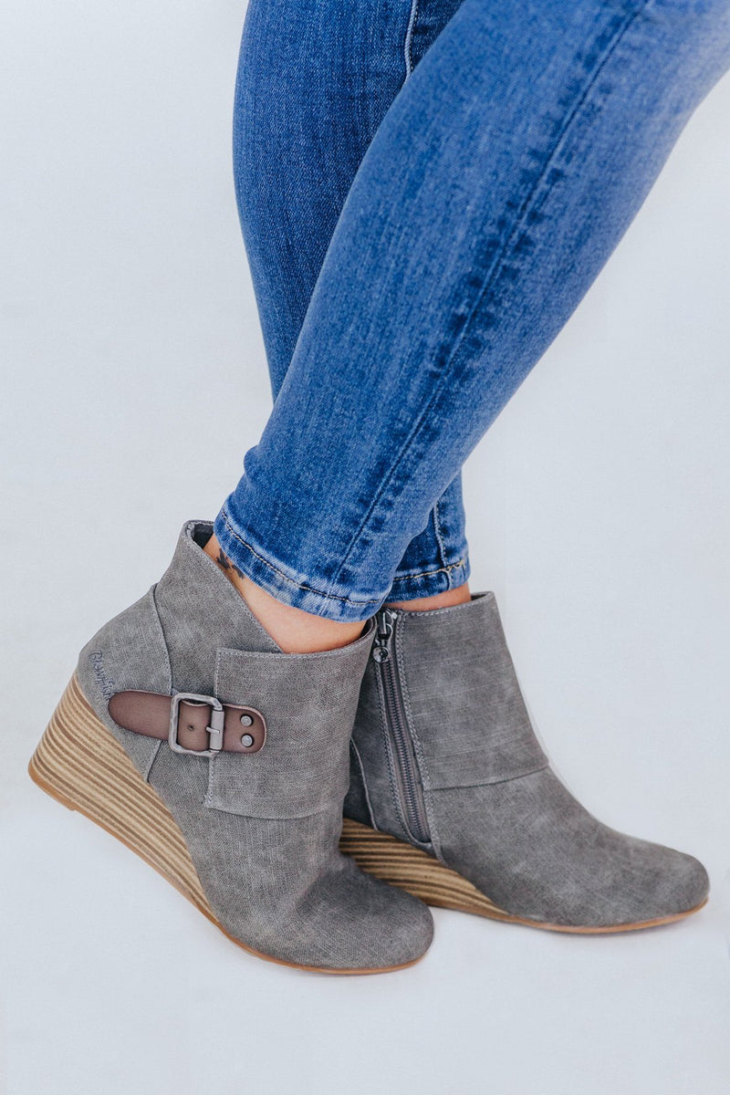 denim wedge booties