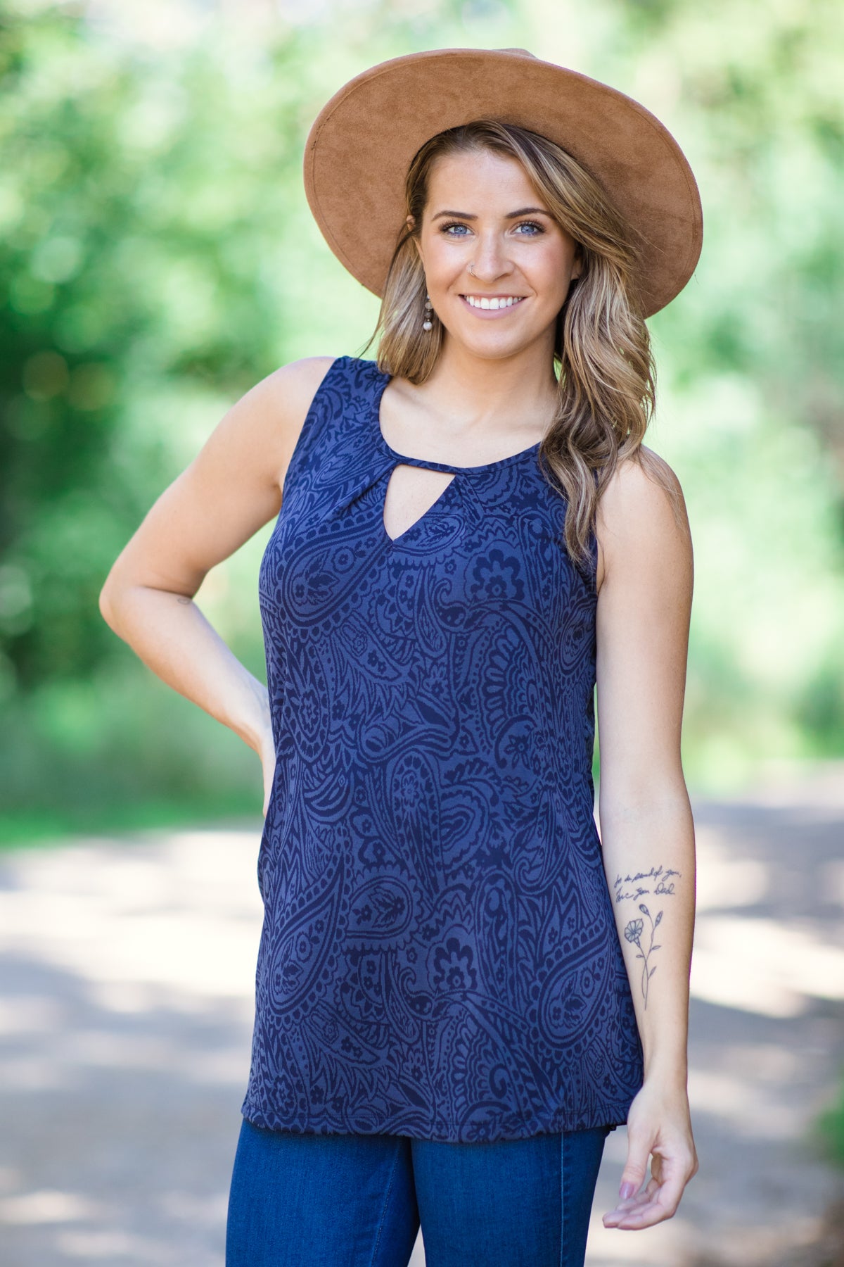 Navy V-Neck Ruffle Trim Peplum Tank · Filly Flair