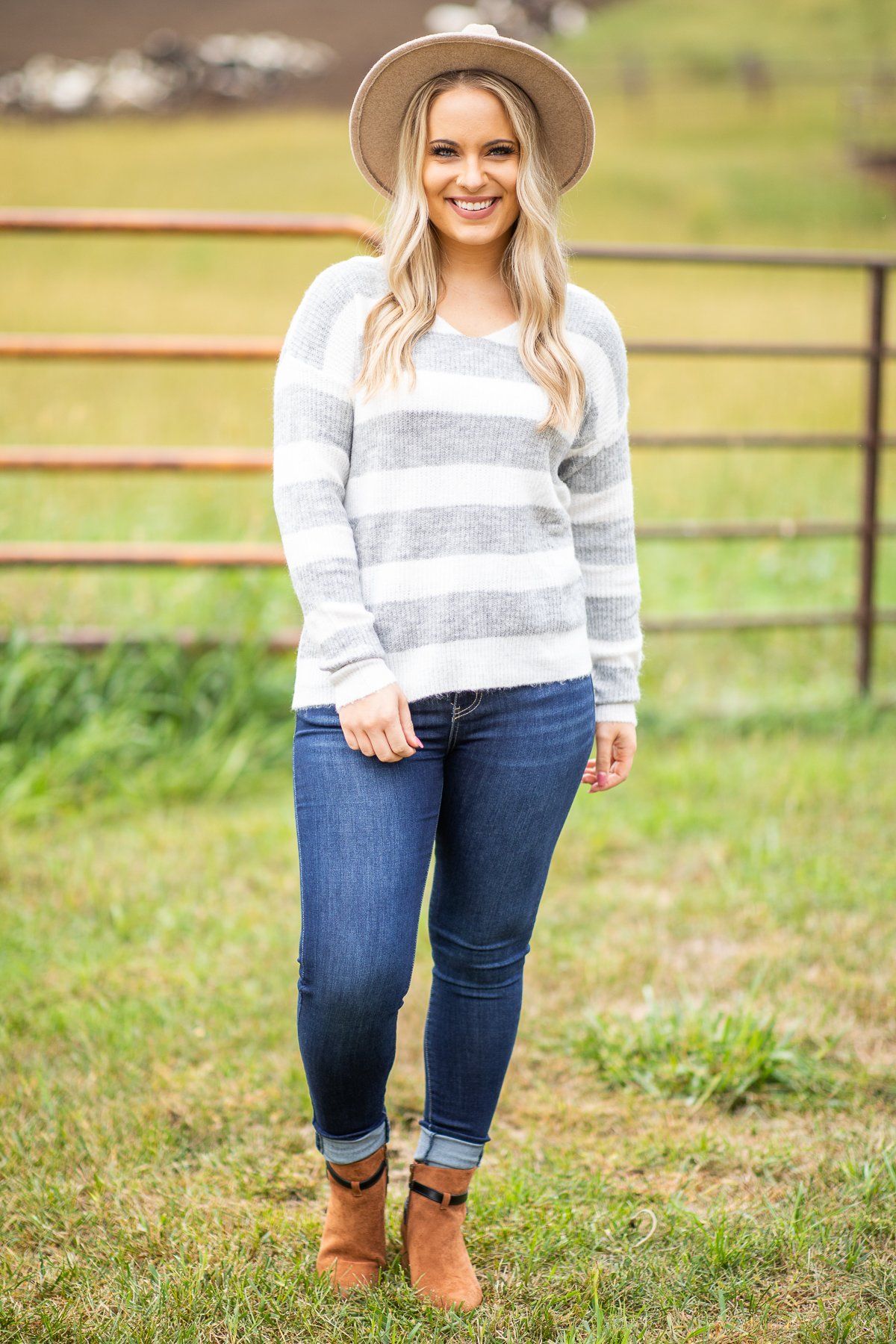 White and Grey Striped V-Neck Sweater