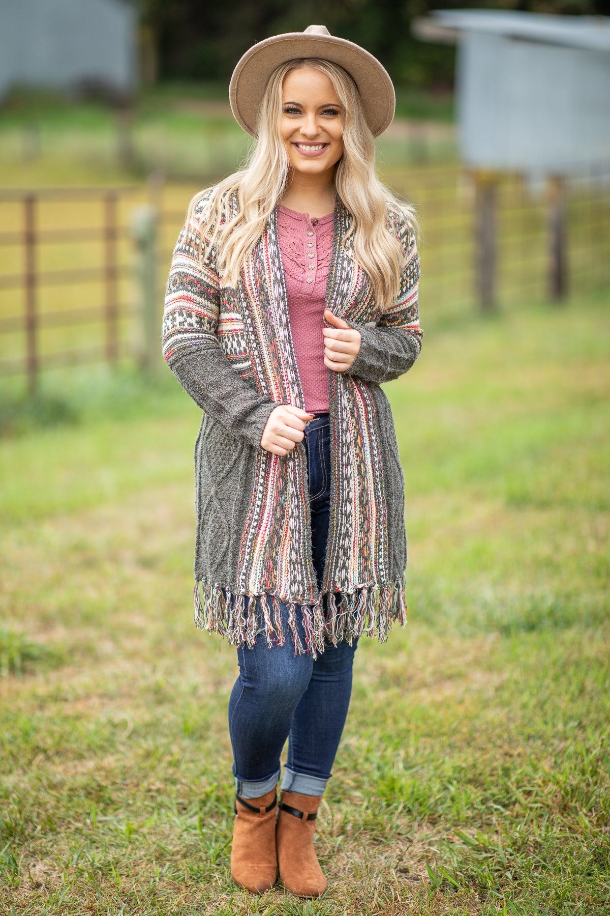 Olive Aztec and Striped Fringe Cardigan