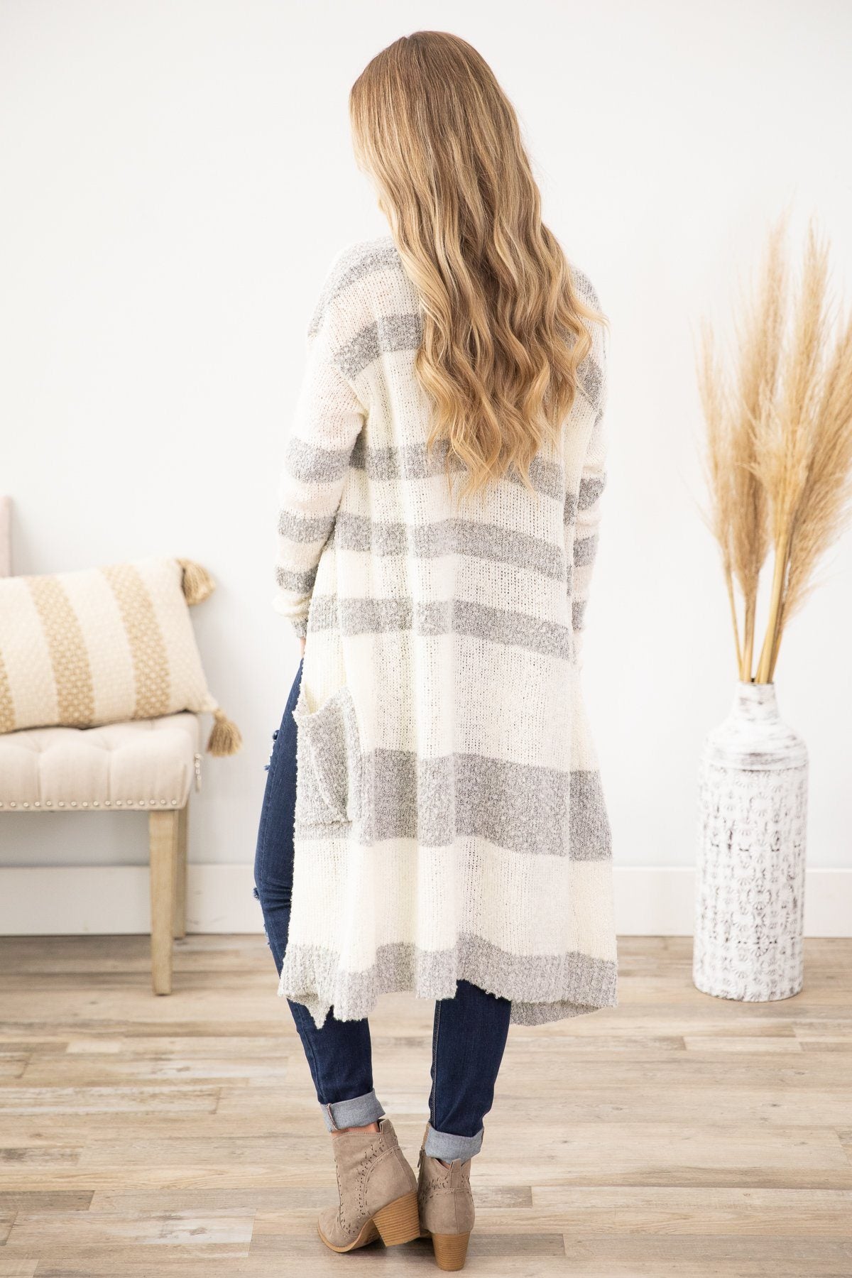 Heather Grey/ Ivory Waffle Knit Cardigan