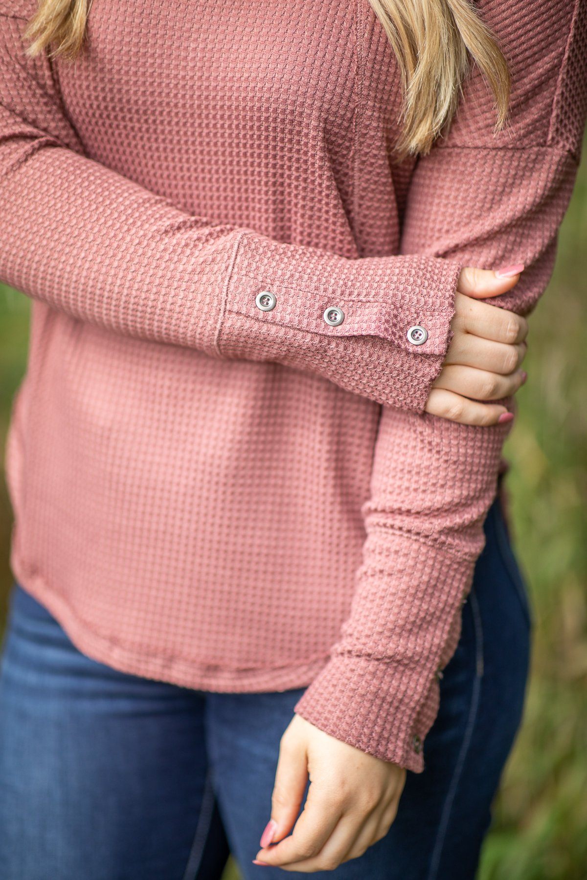 Dusty Rose Waffle Knit Button Cuff Top