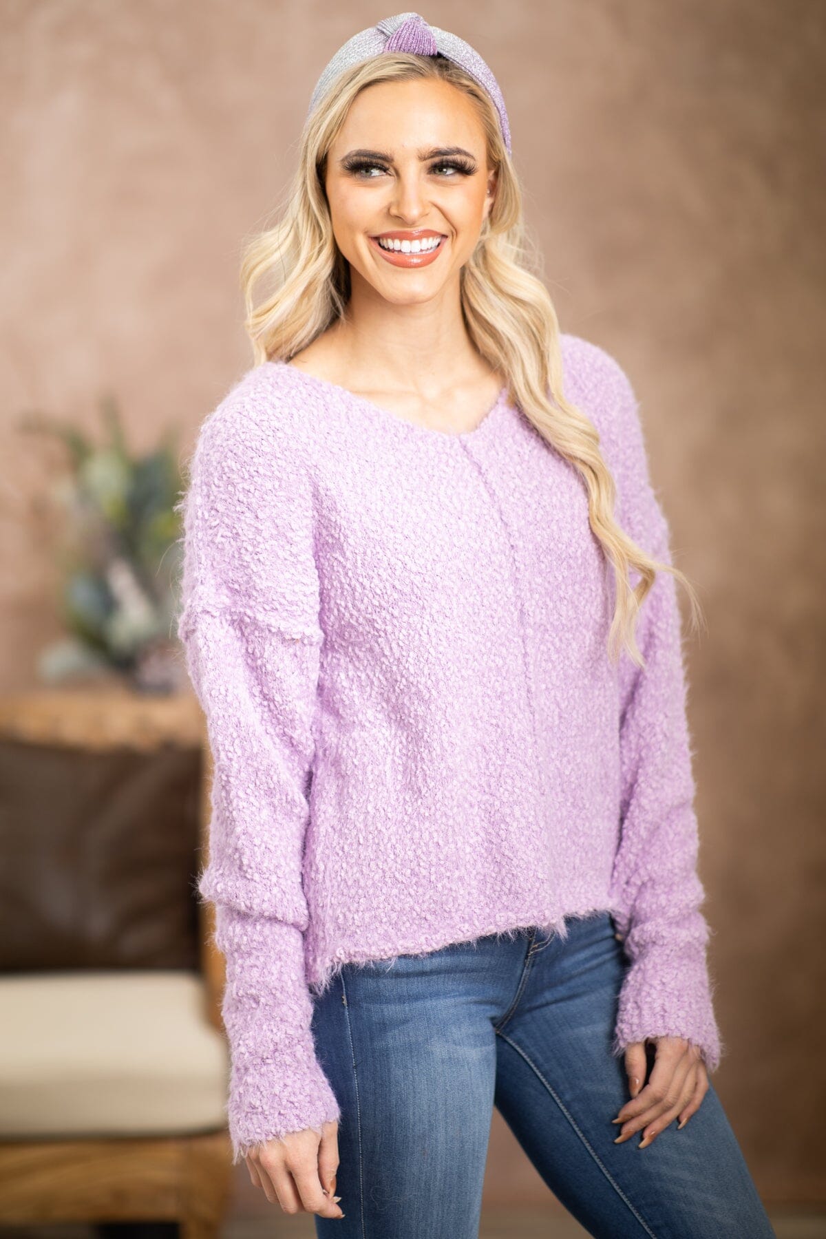 Lavender V-Neck Eyelash Sweater · Filly Flair