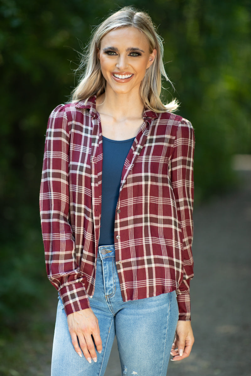 Burgundy Gauze Textured Button Up Top · Filly Flair