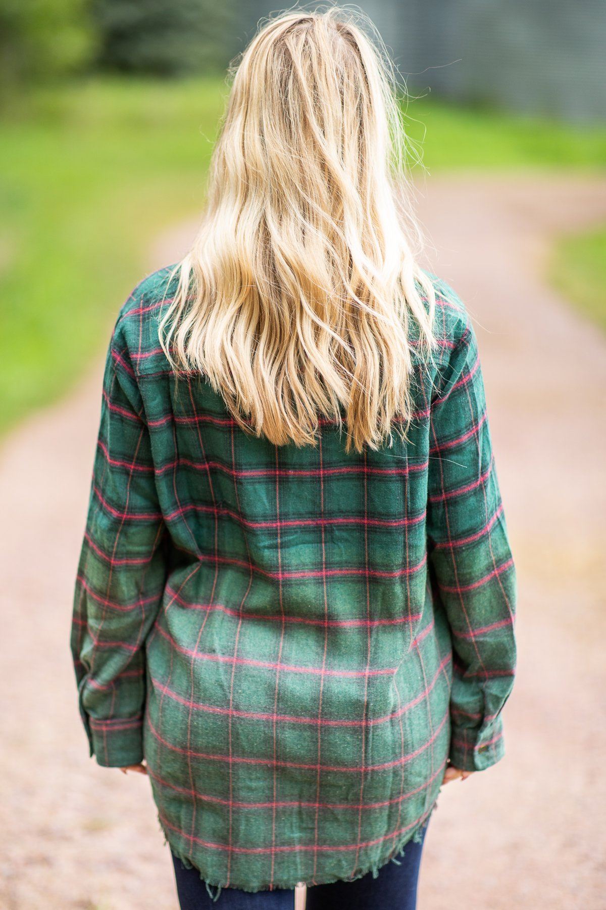 Hunter Green Plaid Button Up Raw Hem Top