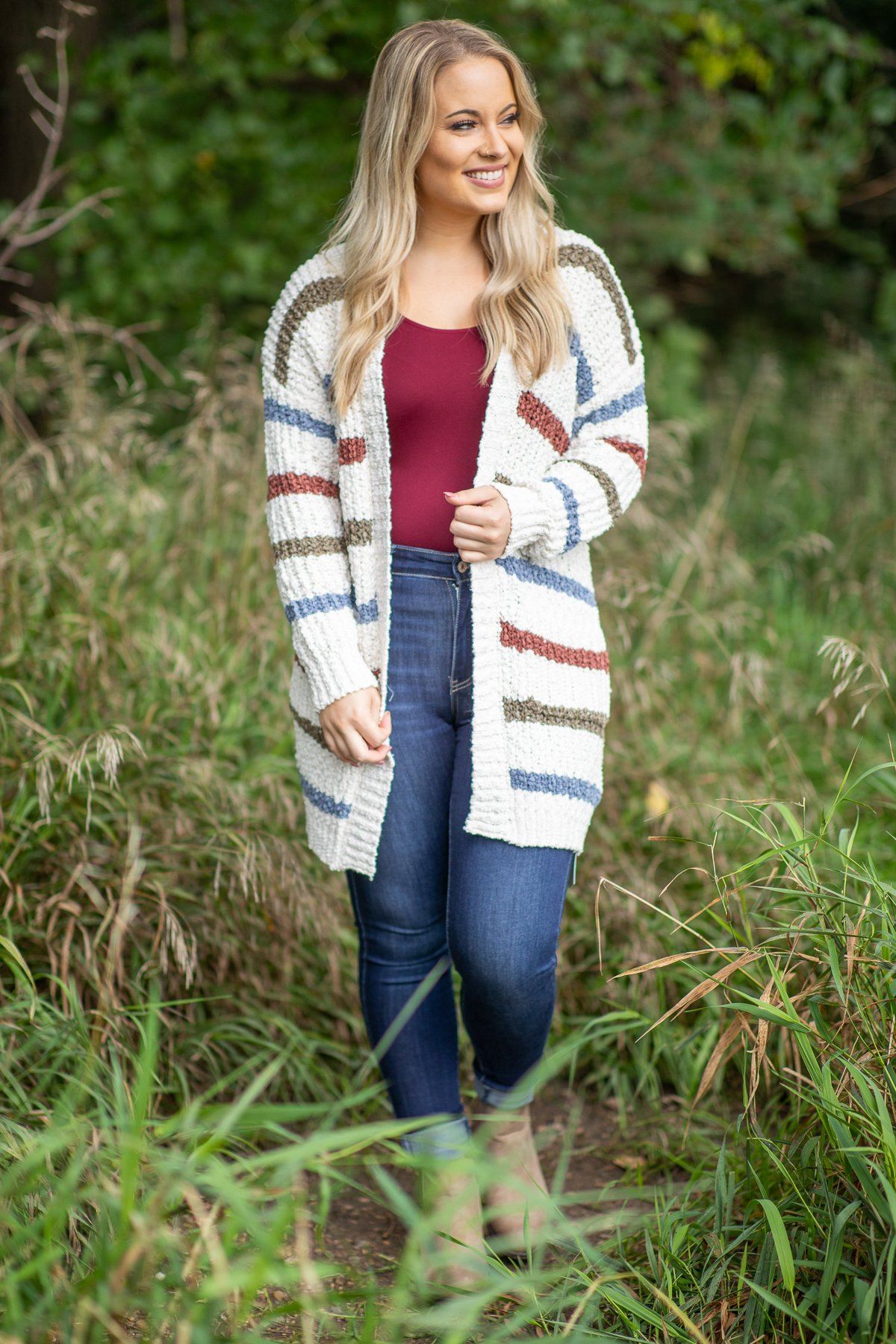 Cream Multicolor Striped Popcorn Cardigan