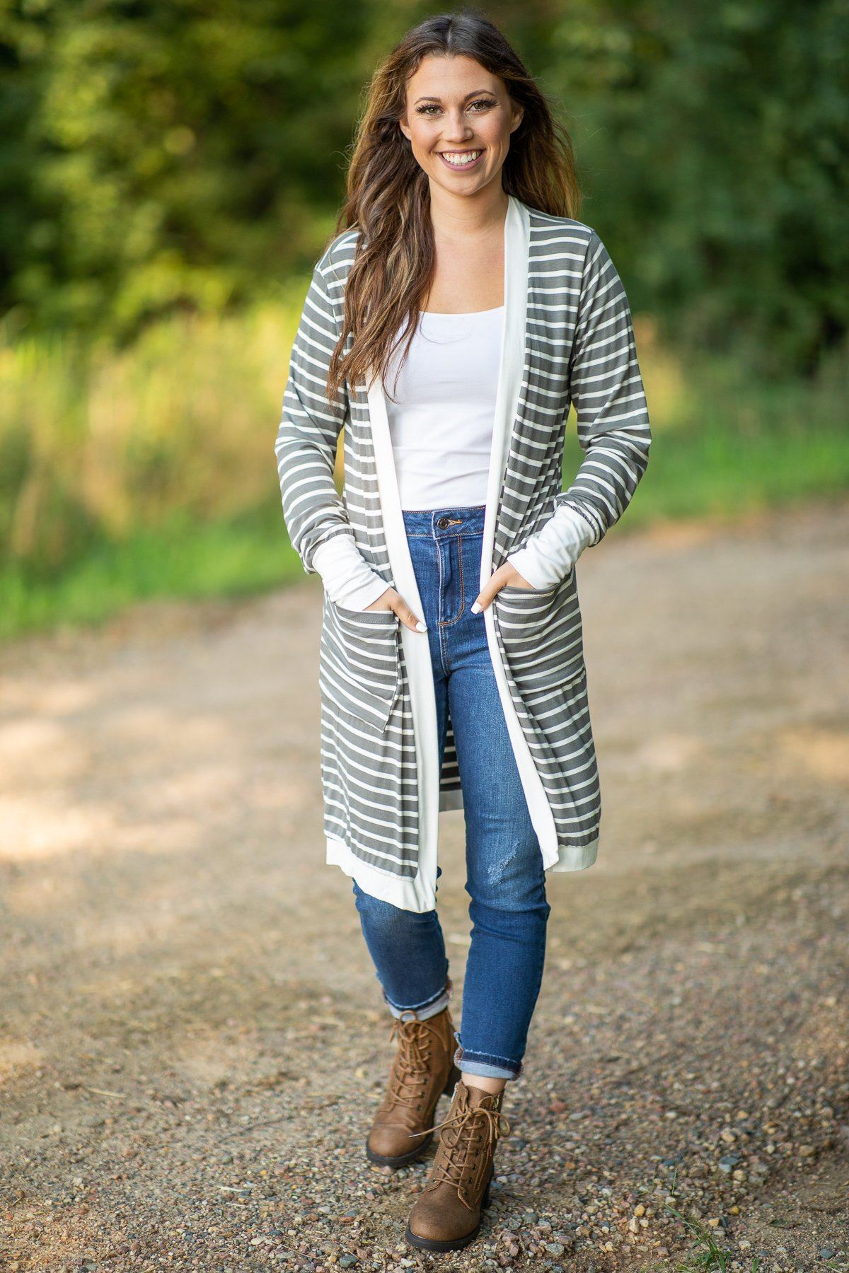 Grey and White Long Sleeve Striped Cardigan