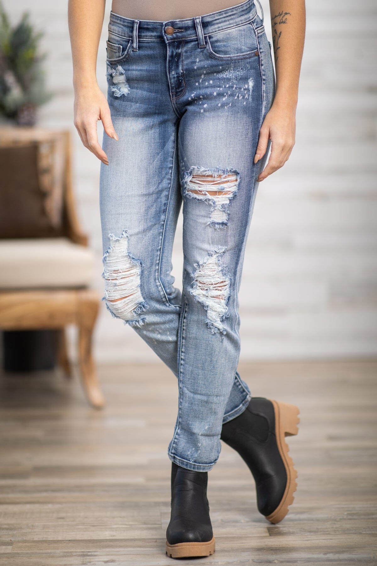 Judy Blue Distressed Jeans With Plaid Backing · Filly Flair